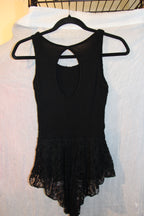 Lined Black Lace Sleeveless Top With Cut Out Back And High-Low Skirted Waist Hem