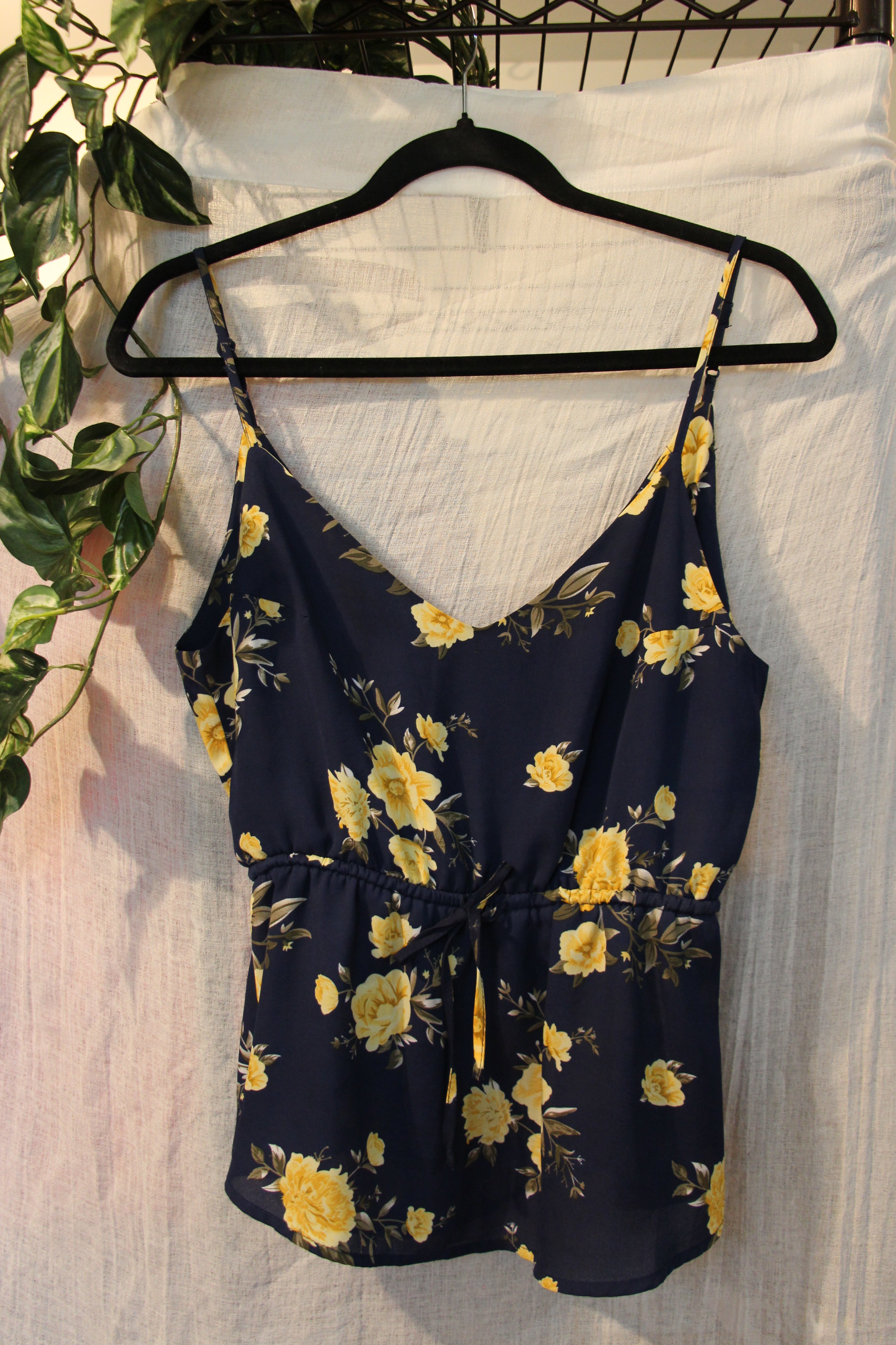 Size S Streetwear Society Blue with Yellow Floral Design Cinch Tie Waist Spaghetti Strap Camisole