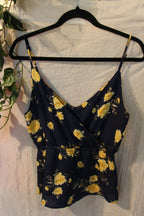 S Streetwear Society Blue with Yellow Floral Design Cinch Tie Waist Spaghetti Strap Camisole