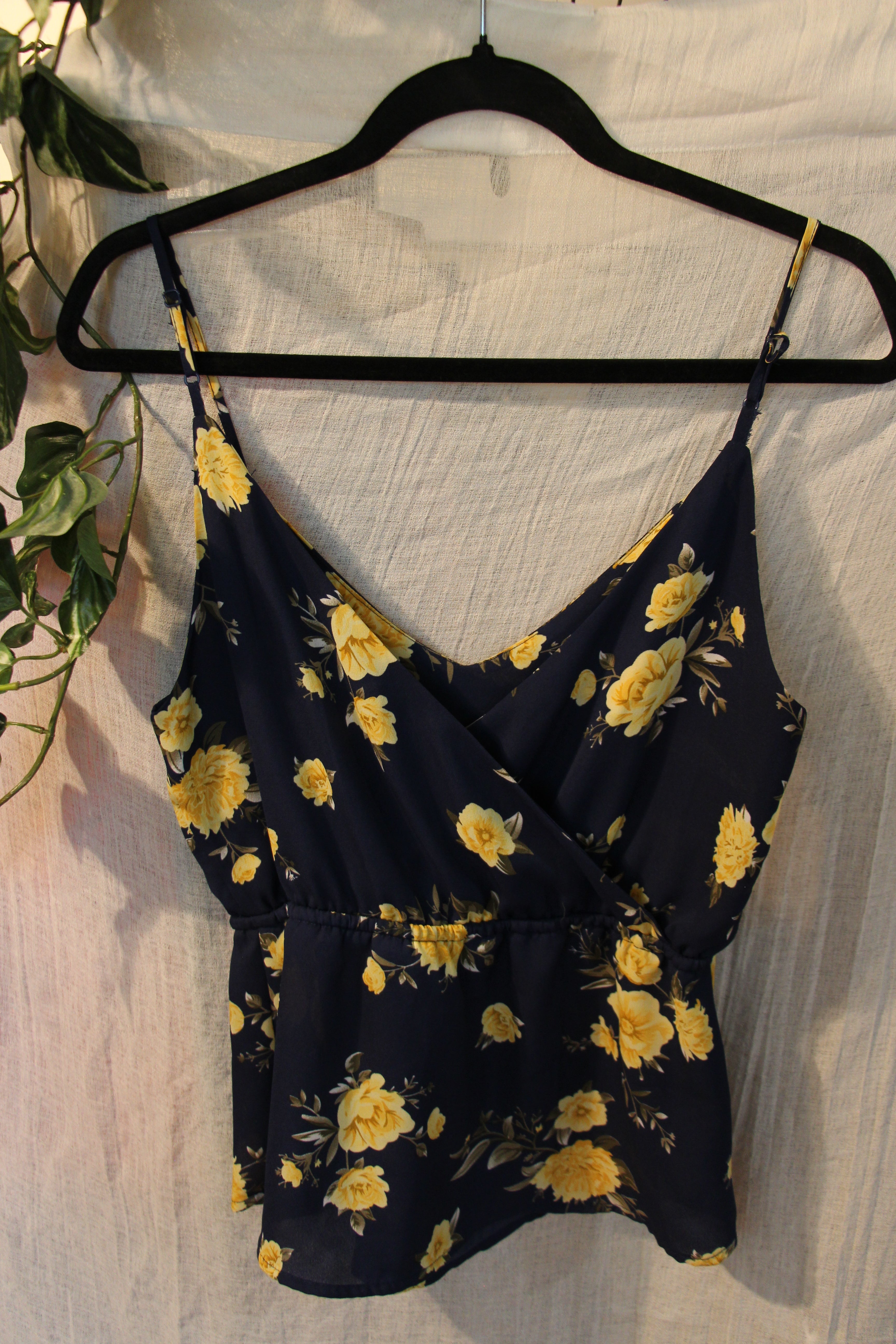 S Streetwear Society Blue with Yellow Floral Design Cinch Tie Waist Spaghetti Strap Camisole