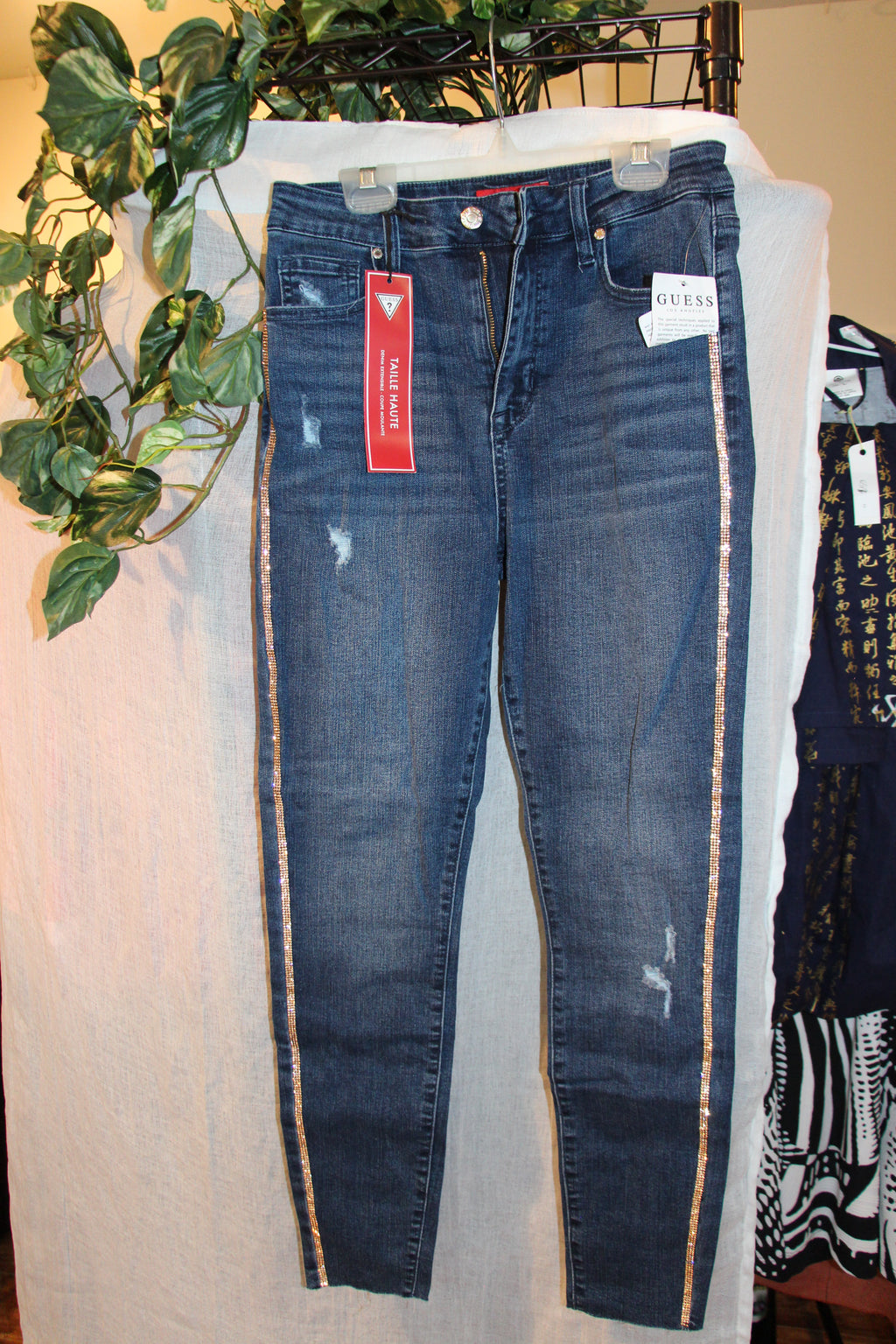 Size 27 Brand New Guess Fitted Distressed Denim with Gold Sparkle Stripes Down Legs Jeans