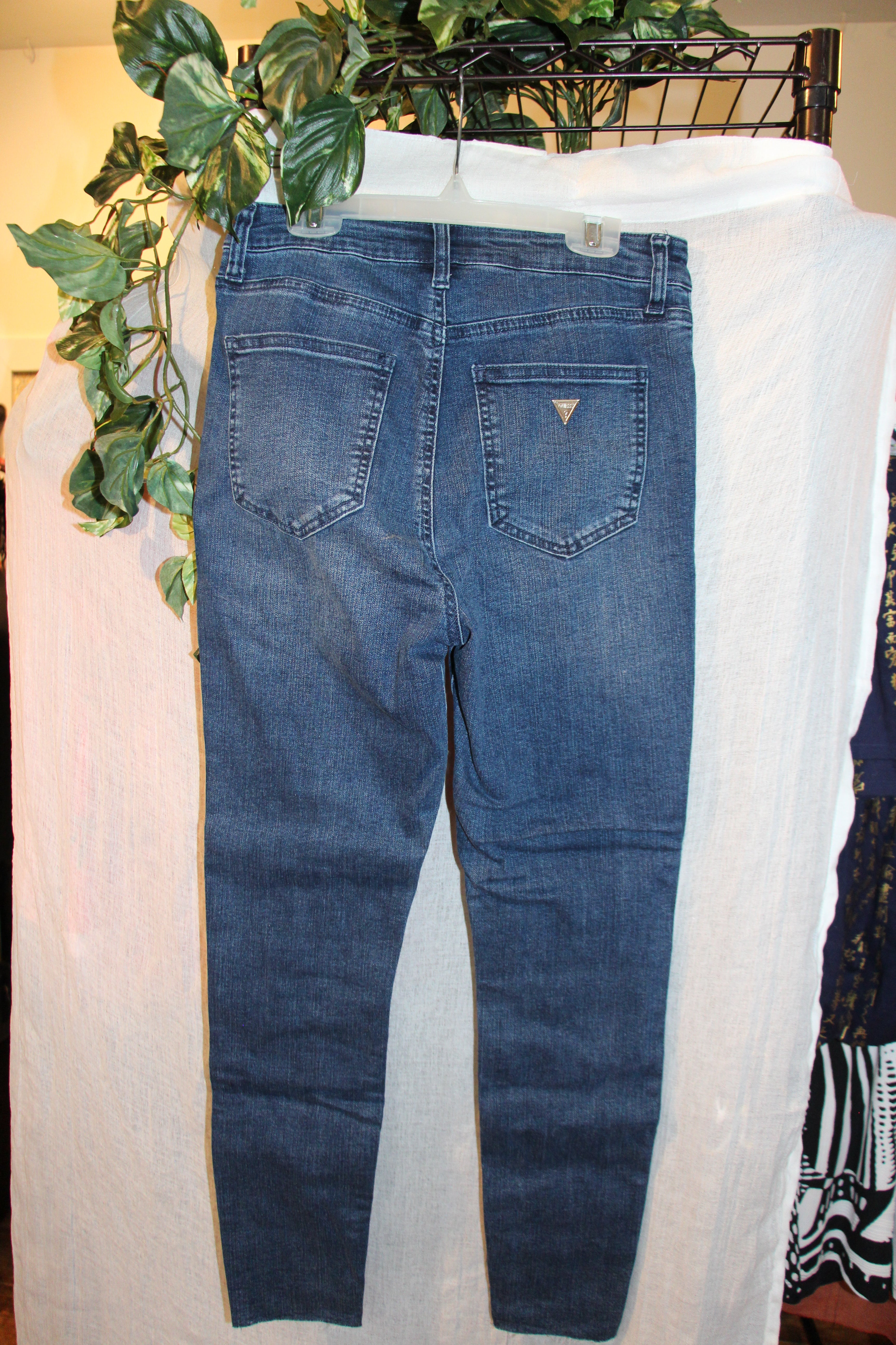 Size 27 Brand New Guess Fitted Distressed Denim with Gold Sparkle Stripes Down Legs Jeans
