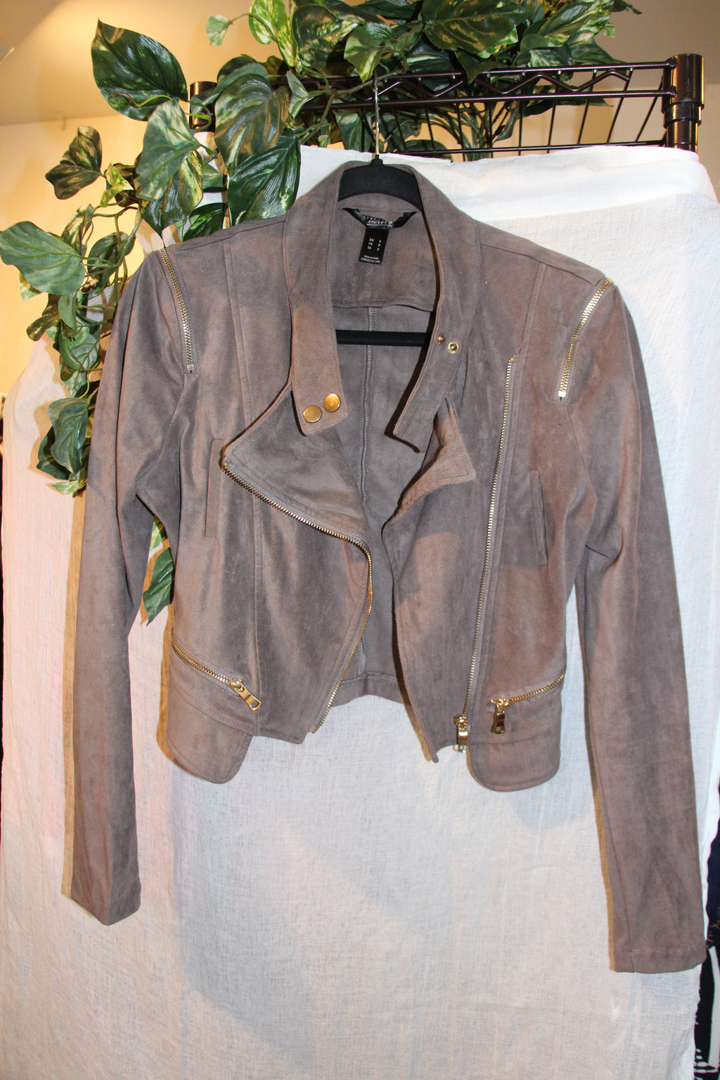 Size S Streetwear Society Grey Faux Suede Zipper Biker Fashion Jacket