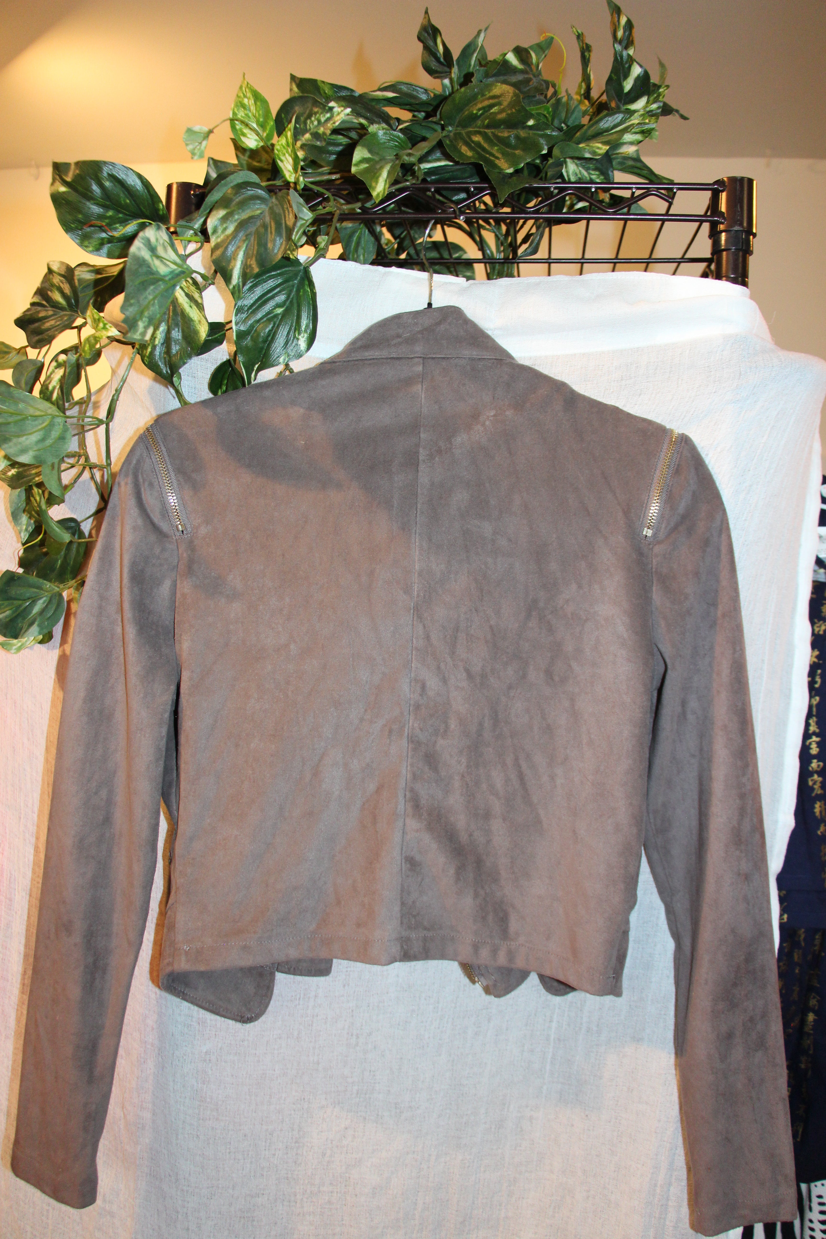 Size S Streetwear Society Grey Faux Suede Zipper Biker Fashion Jacket