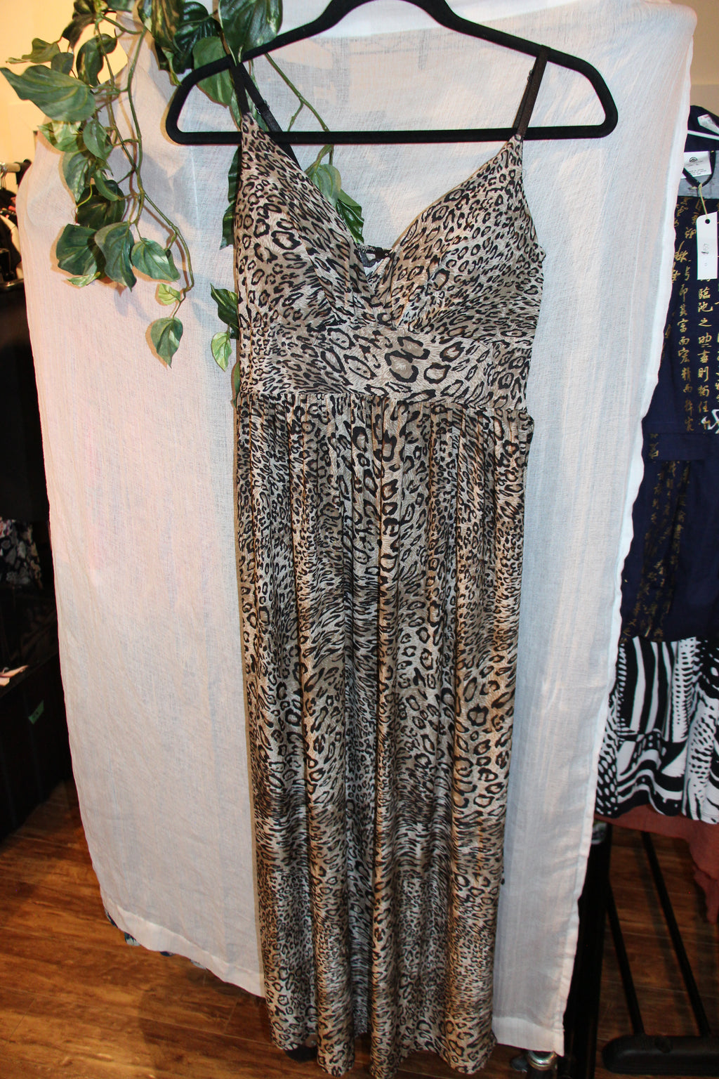 Size S QED London Leopard Print Adjustable Spaghetti Strap Sheer Maxi Dress