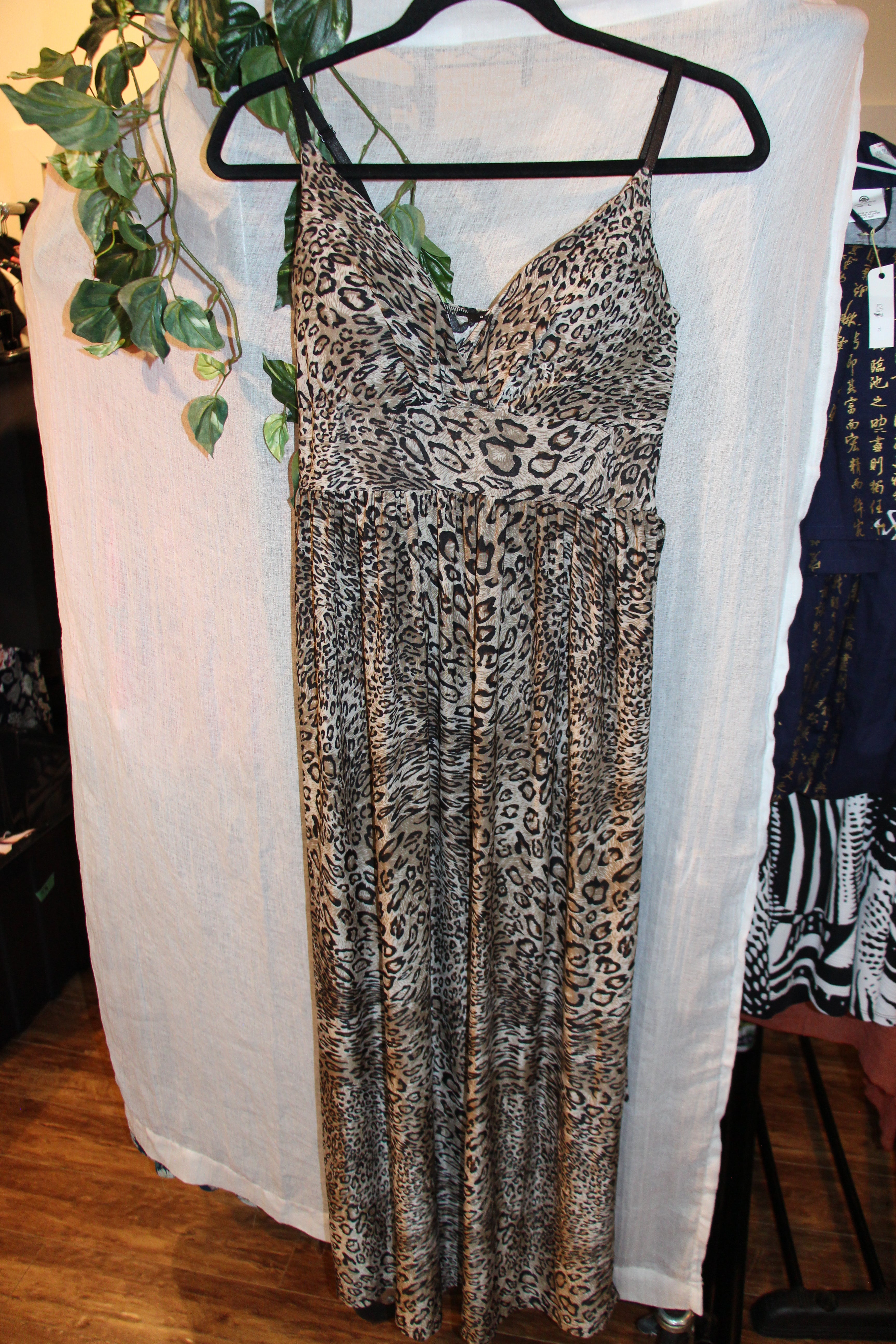 Size S QED London Leopard Print Adjustable Spaghetti Strap Sheer Maxi Dress