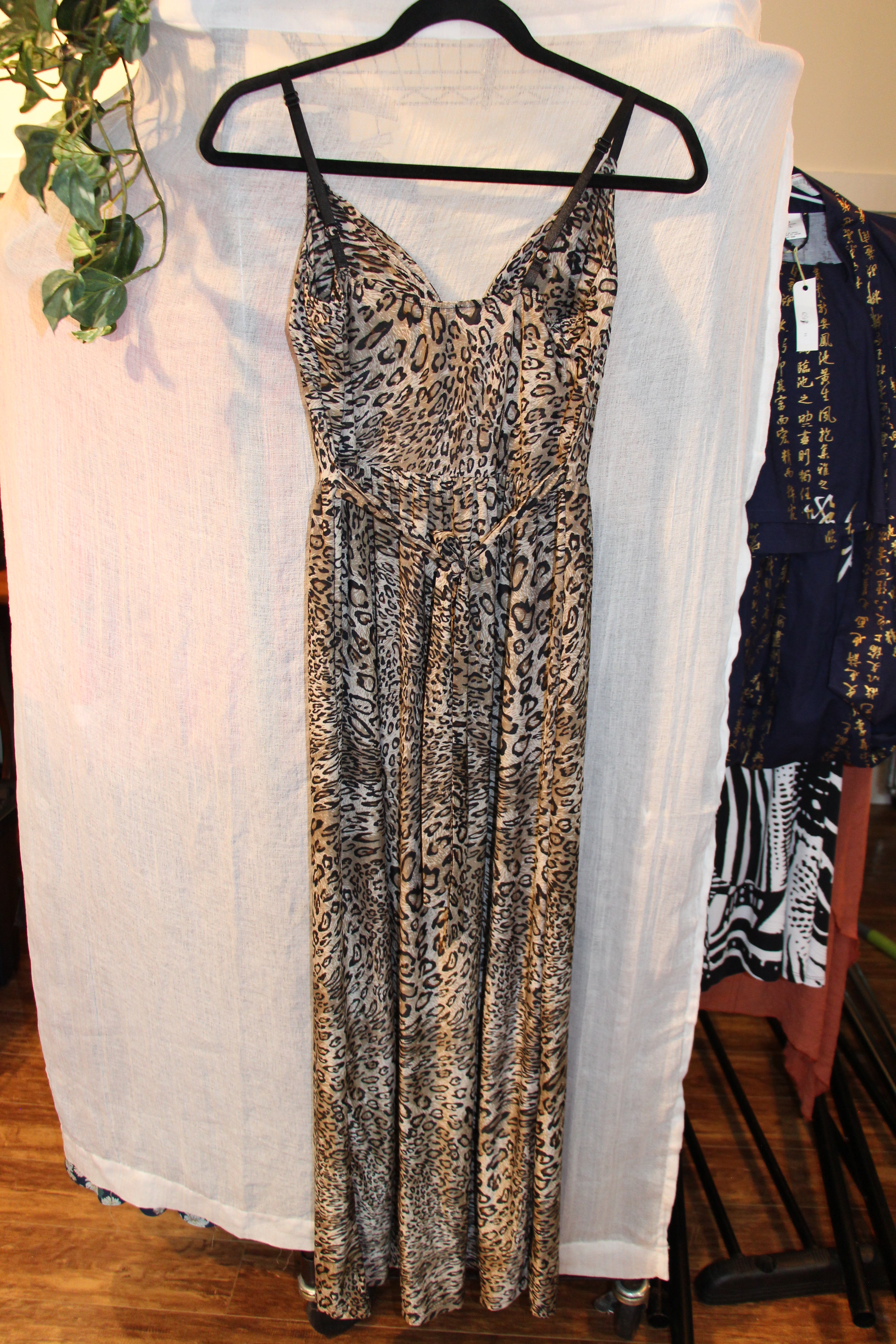 Size S QED London Leopard Print Adjustable Spaghetti Strap Sheer Maxi Dress