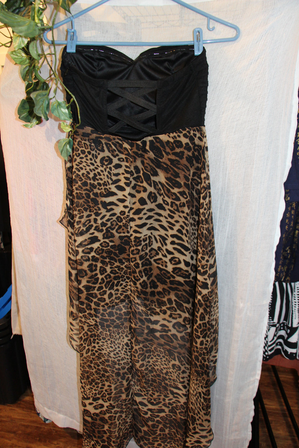 Size M Casting Strapless Black and Leopard Print Dress