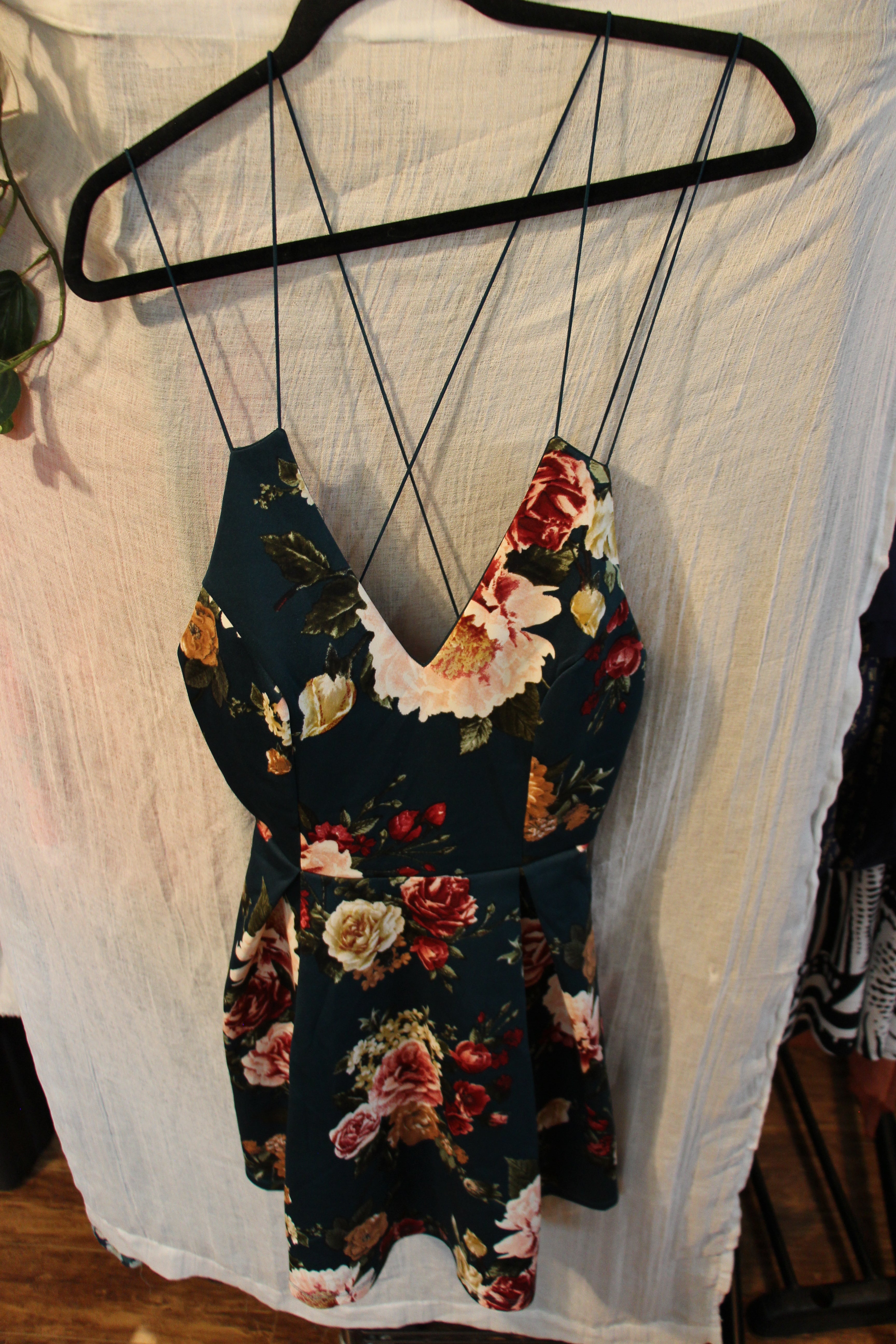 Size S Fifty Street Teal Spaghetti Strap Dress With Rose Print Delicate Spaghetti Straps