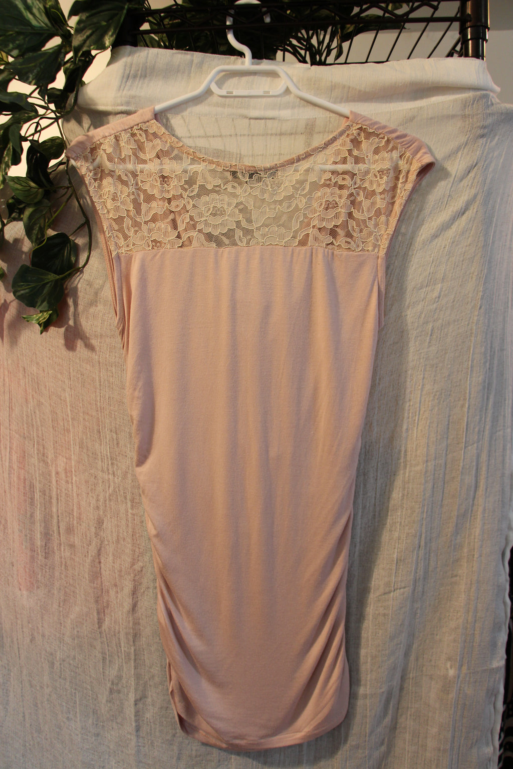 Light Pink Streetwear Society Cap Sleeve Dress with Side Ruching, Cowl Neck and Lace Back— Size Small