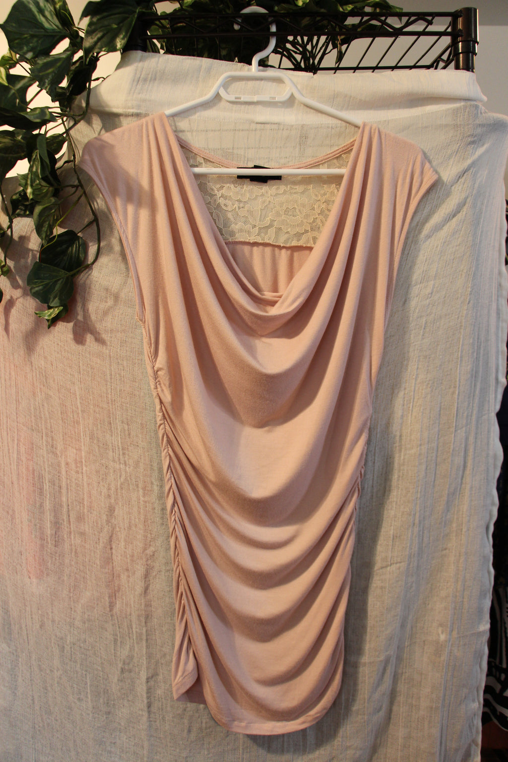 Light Pink Streetwear Society Cap Sleeve Dress with Side Ruching, Cowl Neck and Lace Back— Size Small