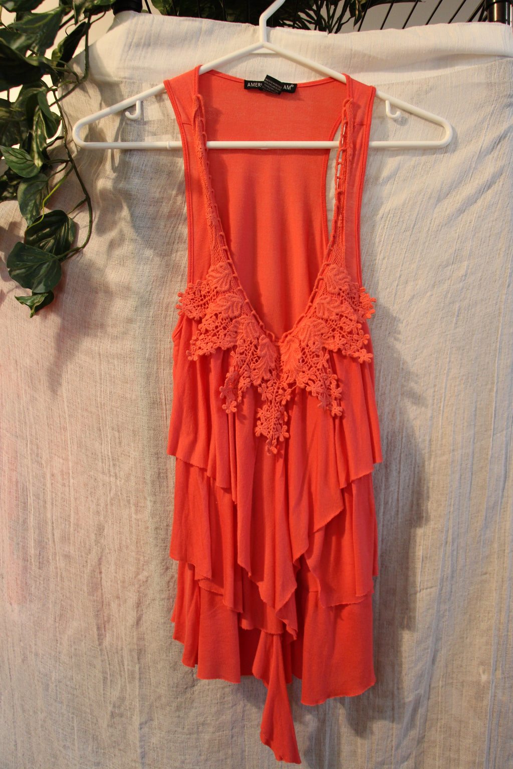 Size M Coral Rayon Tank Top With Ruffles And Lace by American Dream