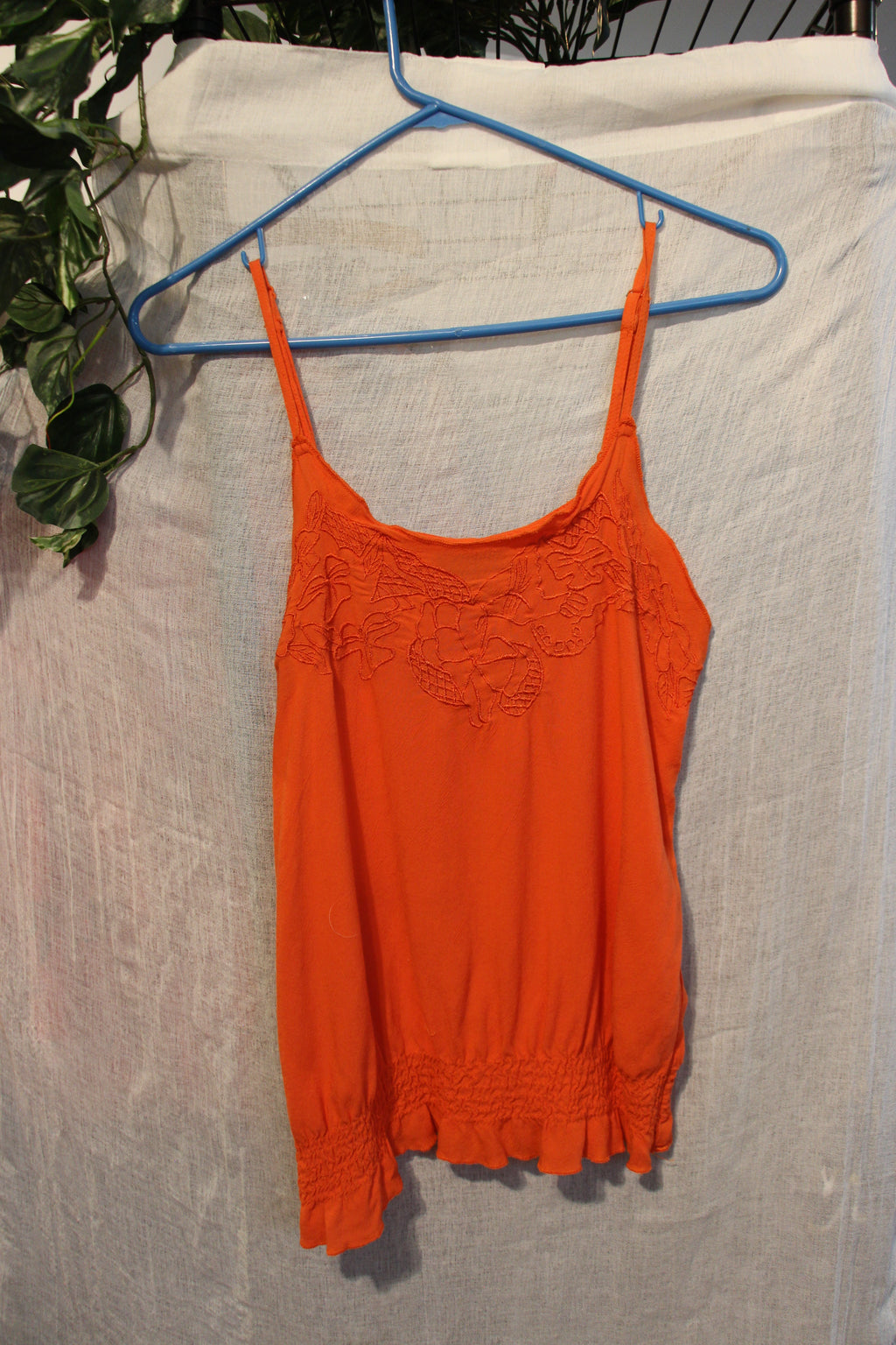Size S SWS Orange Camisole with Adjustable Straps Embroidered Yolk and Elastic with Ruffled Hem