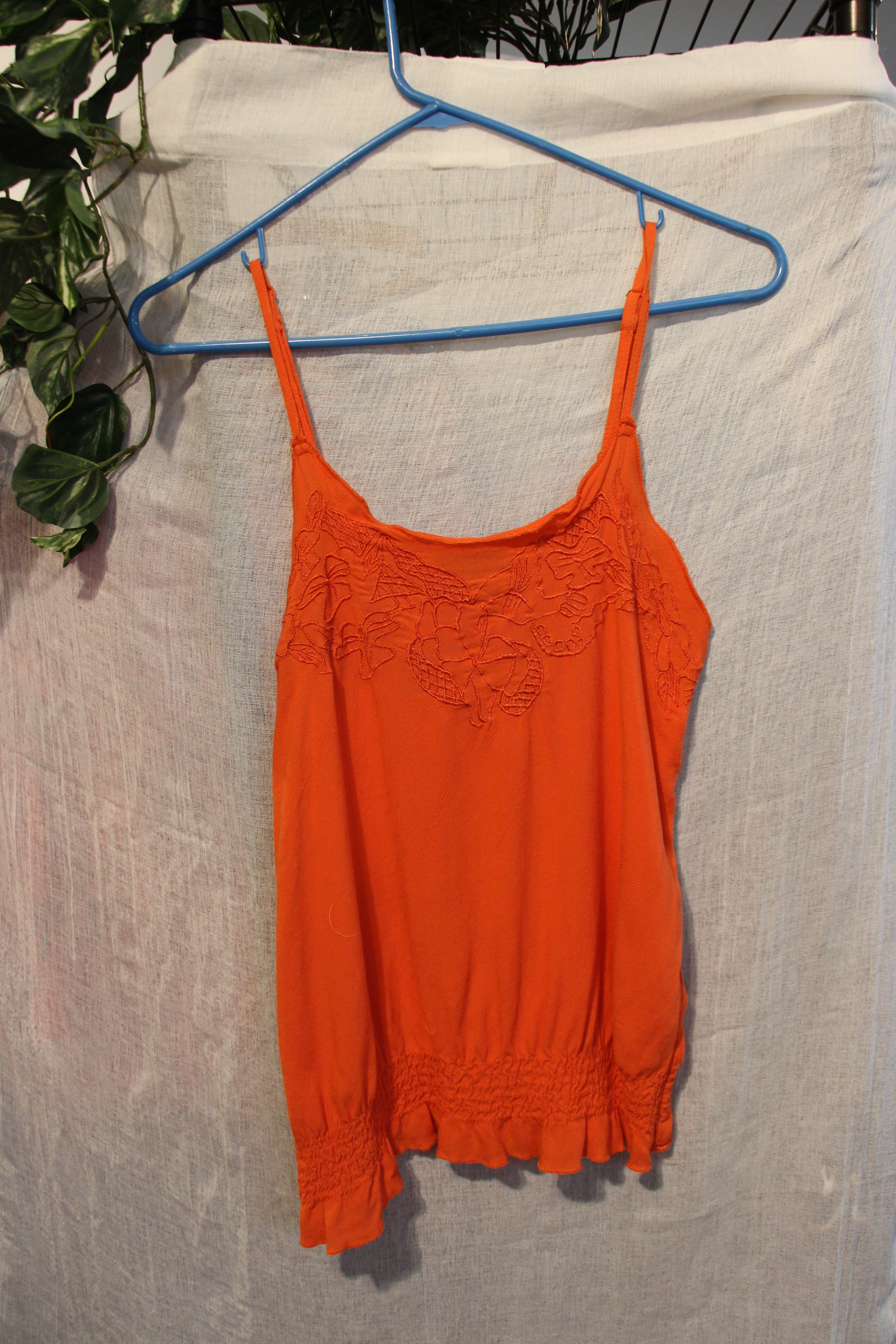 Size S SWS Orange Camisole with Adjustable Straps Embroidered Yolk and Elastic with Ruffled Hem