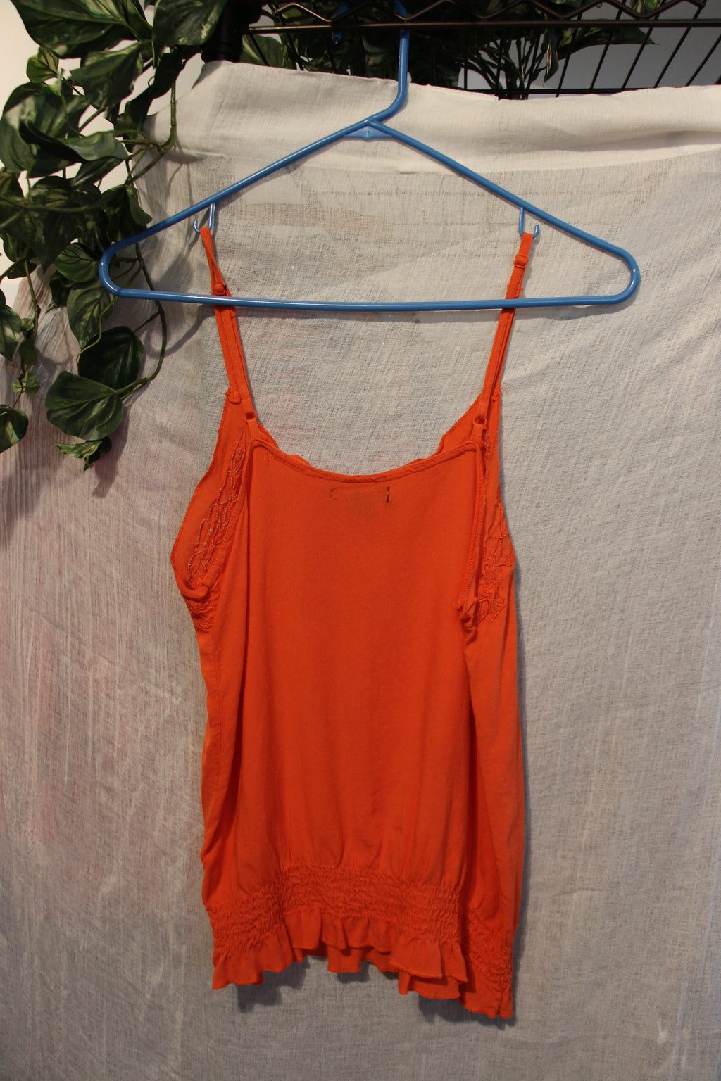 Size S SWS Orange Camisole with Adjustable Straps Embroidered Yolk and Elastic with Ruffled Hem