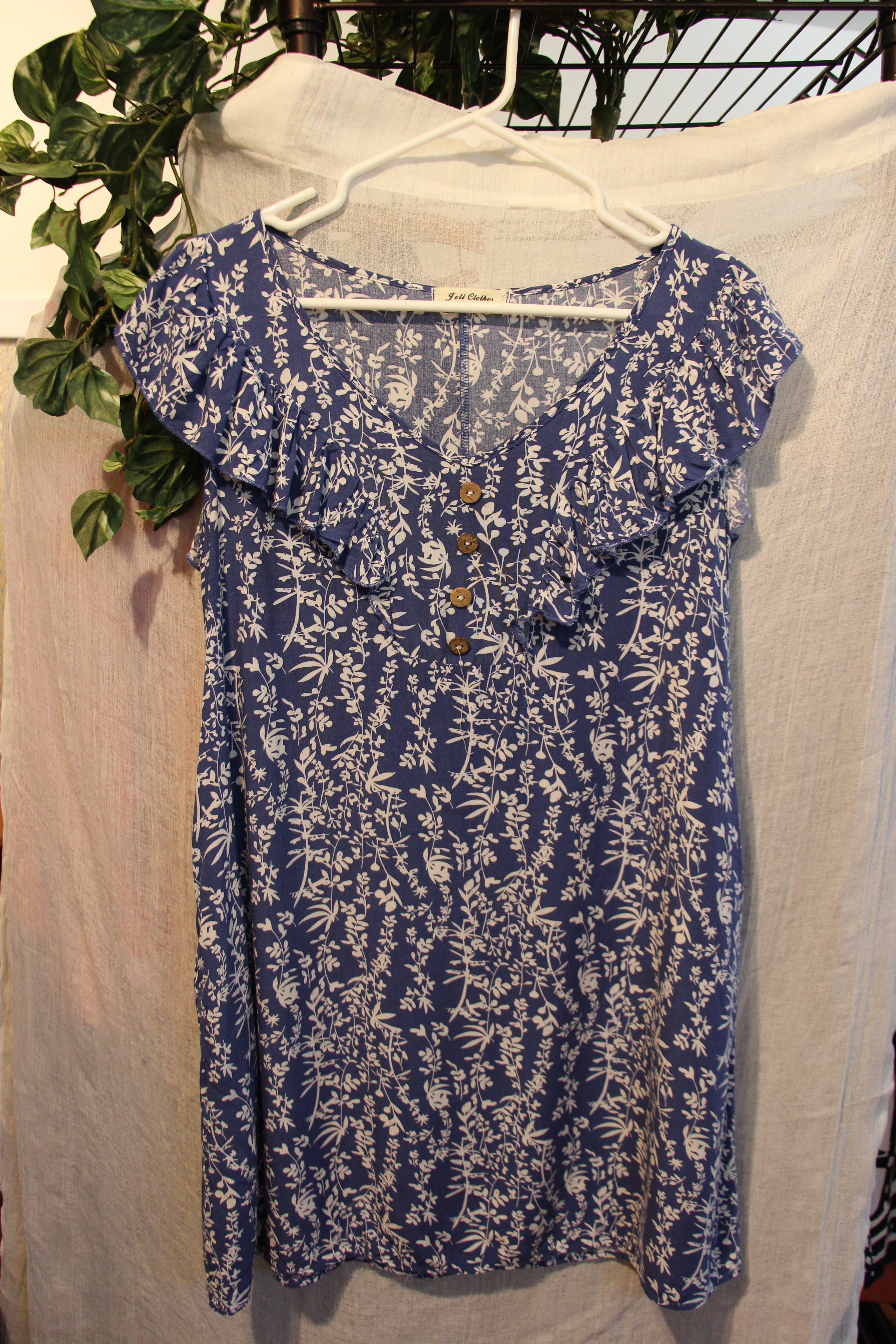 Size M Joli Clothes Vancouver 100% Rayon Blue Floral Ruffled Short Sleeve Dress