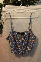 Size S Blue Rair Spaghetti Strap Front Button Closure Floral Blue Halter Top Consignment