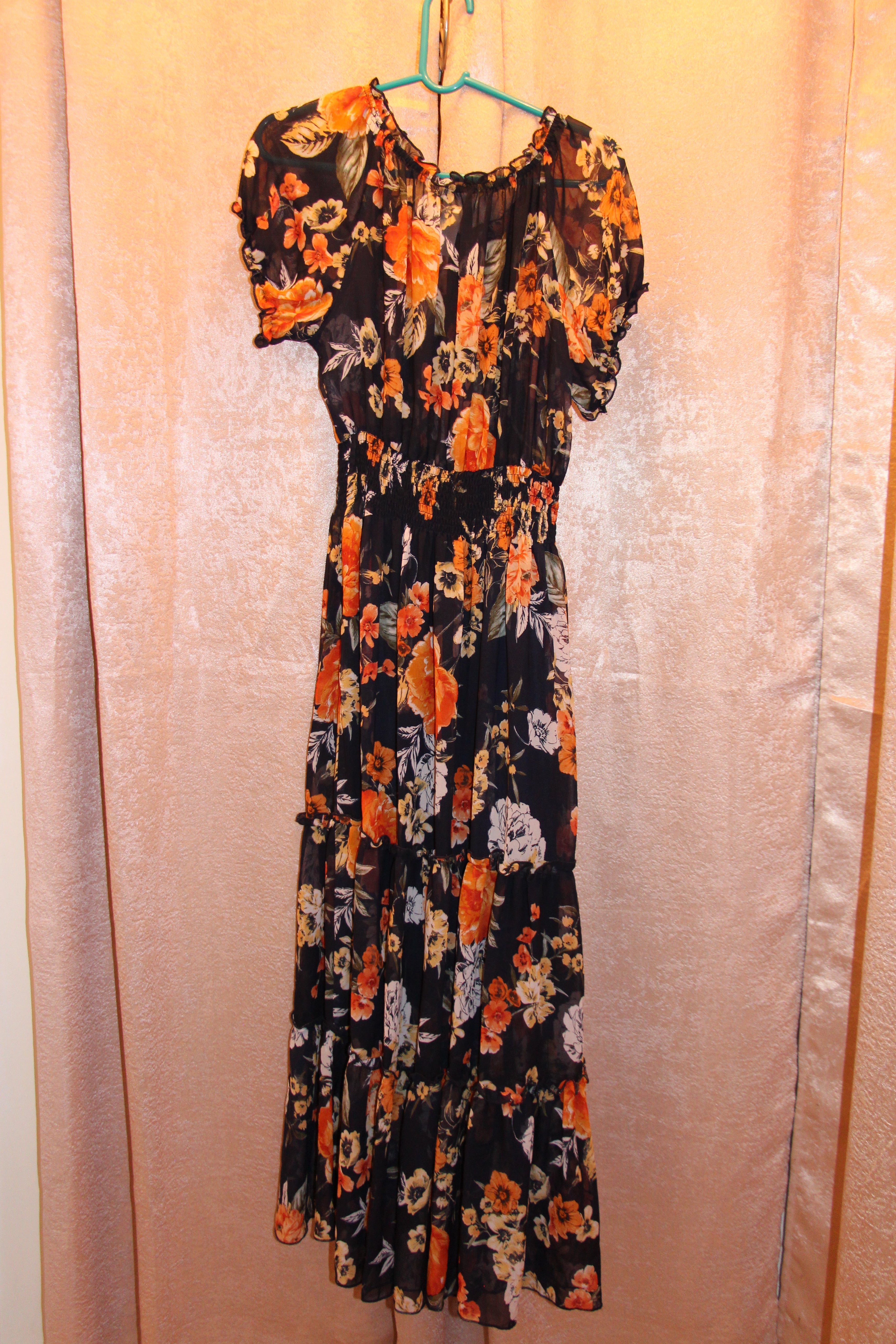 Consignment boutique Size 14W Kate-Lily Off the Shoulder Short Sleeve Black Maxi Dress with Floral Print