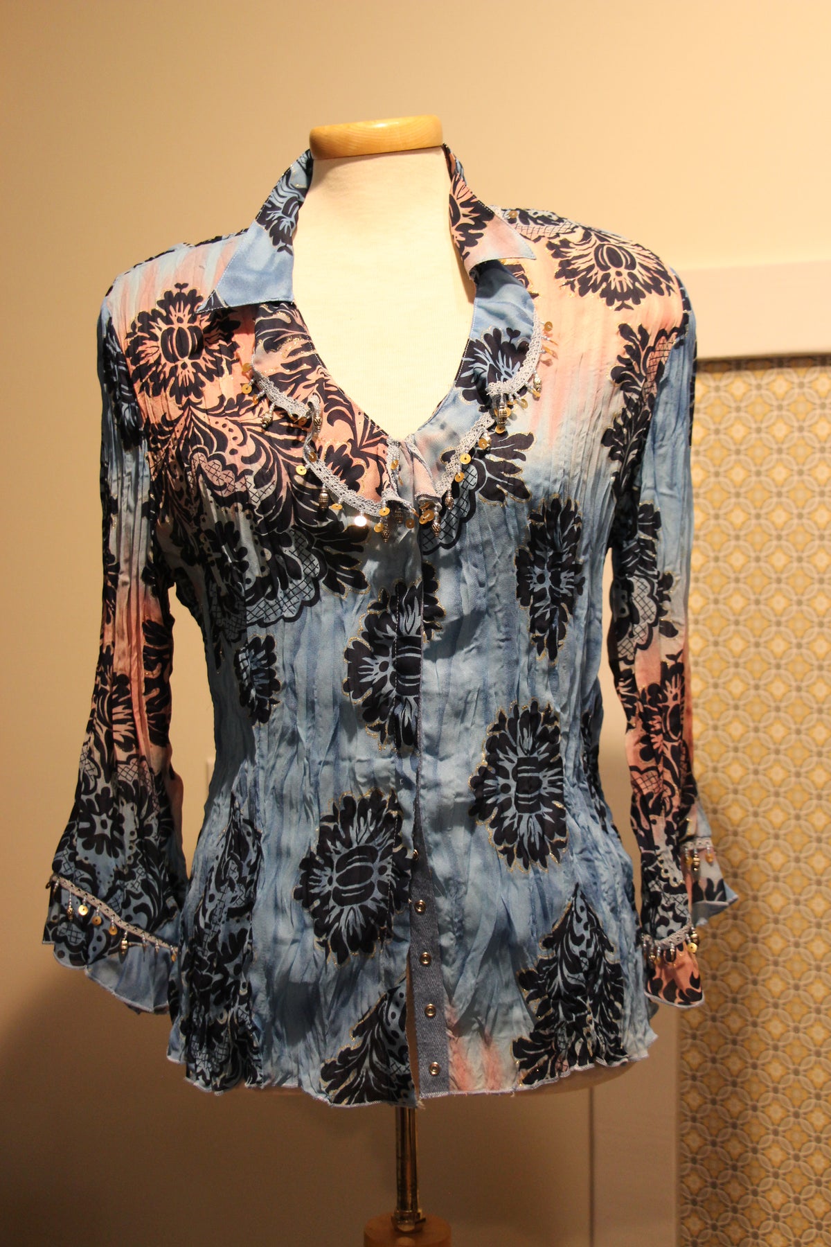 Size L Jaipur Multi Colored Flare Sleeve with Sequins Detail Button Up Blouse Consignment