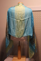 A lightweight woven shawl with vertical stripes of light blue, pale yellow-green, and brown. The shawl features fringed edges.