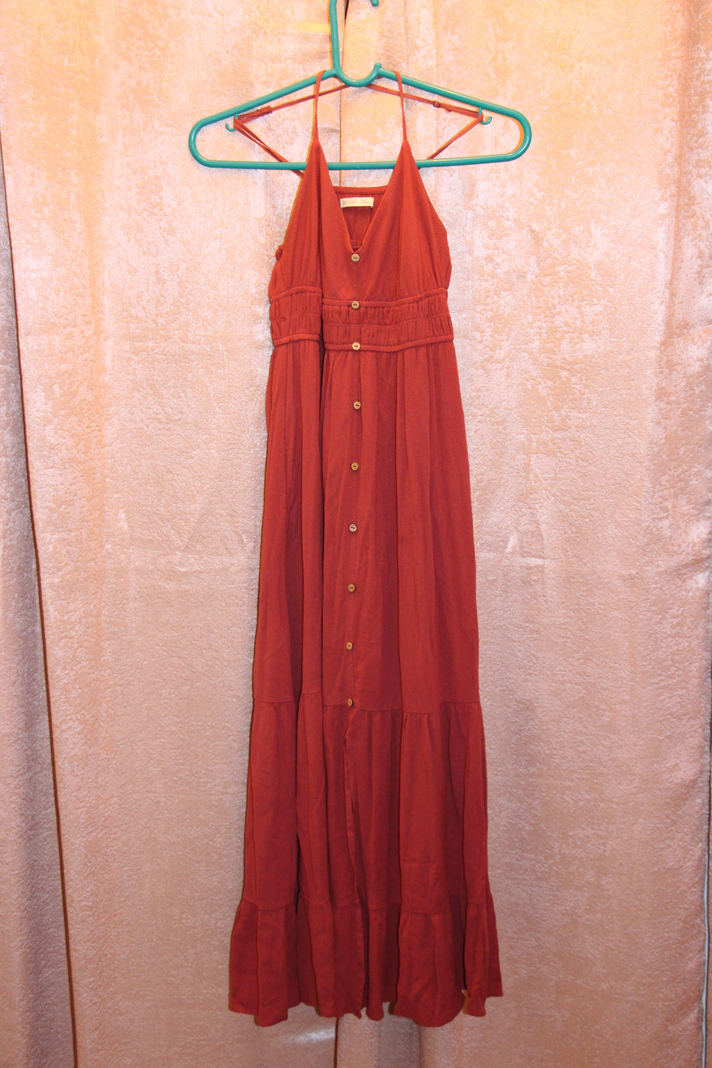 A consignment boutique Size S Be Cool 100% Rayon Adjustable Spaghetti Strap Button Up Front dusty plum coloured sleeveless maxi dress with a tiered skirt and front button-up.