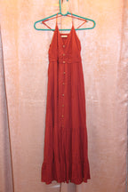 A consignment boutique Size S Be Cool 100% Rayon Adjustable Spaghetti Strap Button Up Front dusty plum coloured sleeveless maxi dress with a tiered skirt and front button-up.