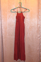 A consignment boutique Size S Be Cool 100% Rayon Adjustable Spaghetti Strap Button Up Front dusty plum coloured sleeveless maxi dress with a tiered skirt and front button-up.