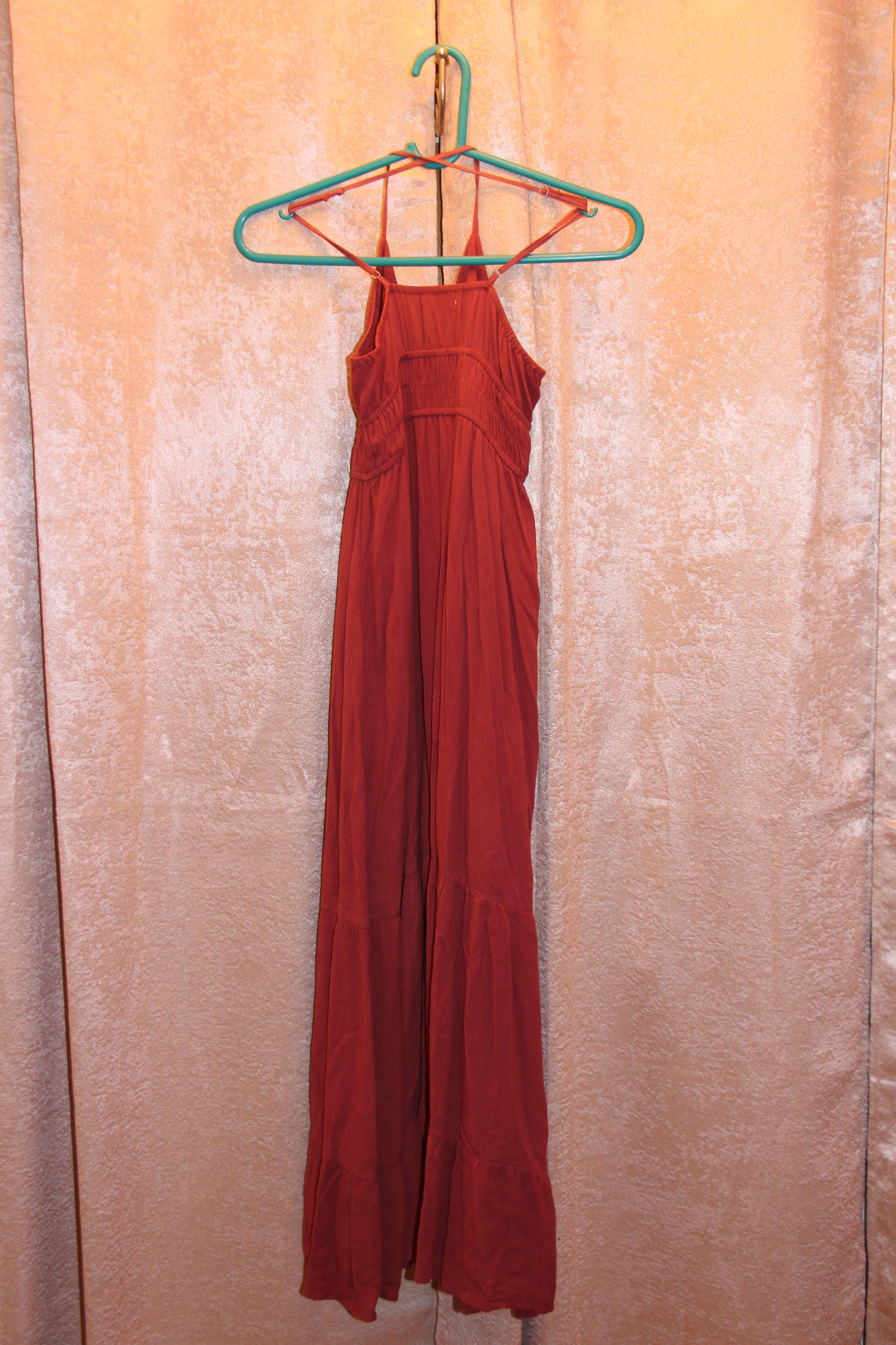 A consignment boutique Size S Be Cool 100% Rayon Adjustable Spaghetti Strap Button Up Front dusty plum coloured sleeveless maxi dress with a tiered skirt and front button-up.