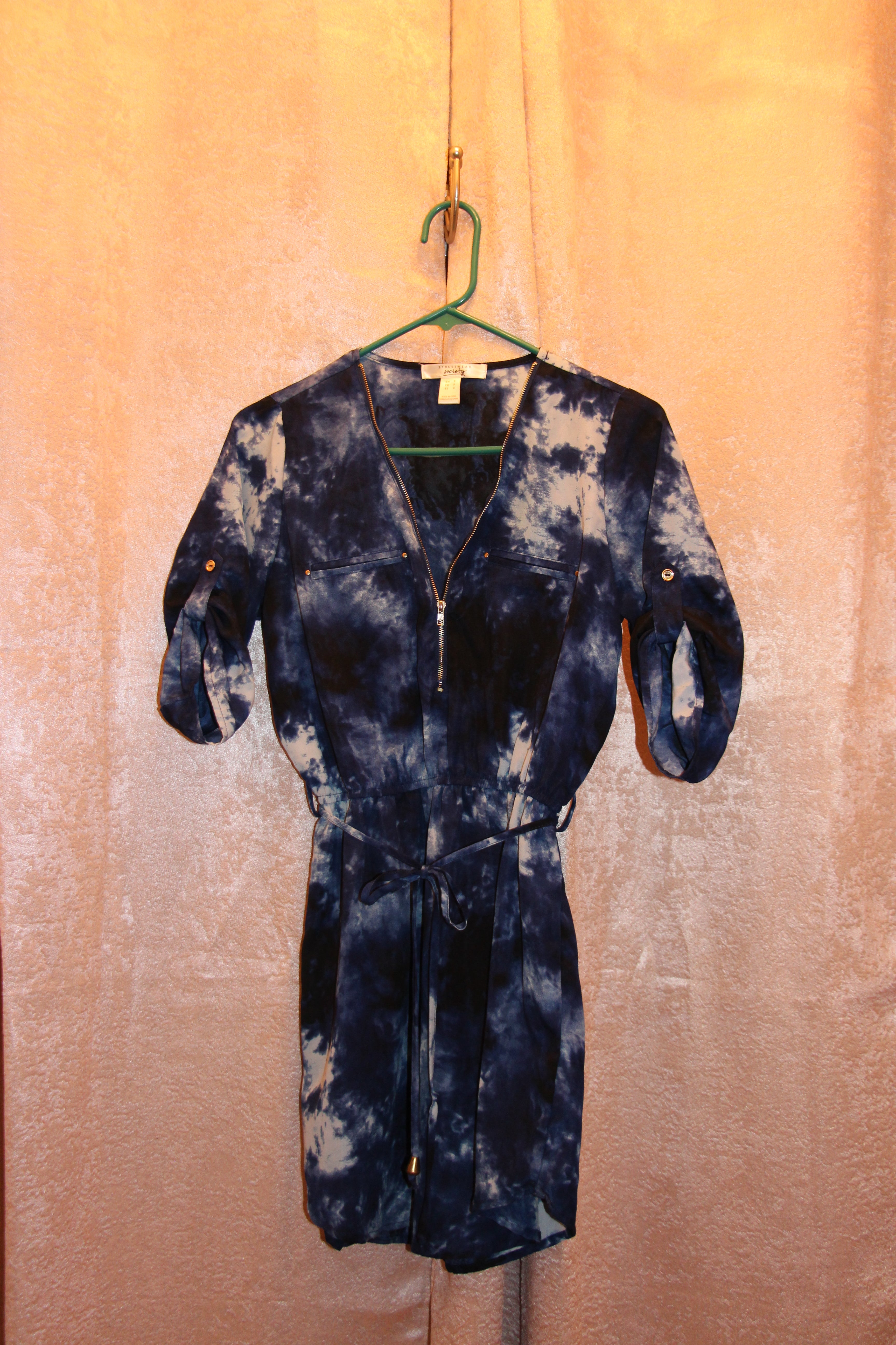 Consignment boutique Size S Streetwear Society Zipper Collar Blue and Black Tie Dye 3/4 Sleeve Tie Waist Mini Dress