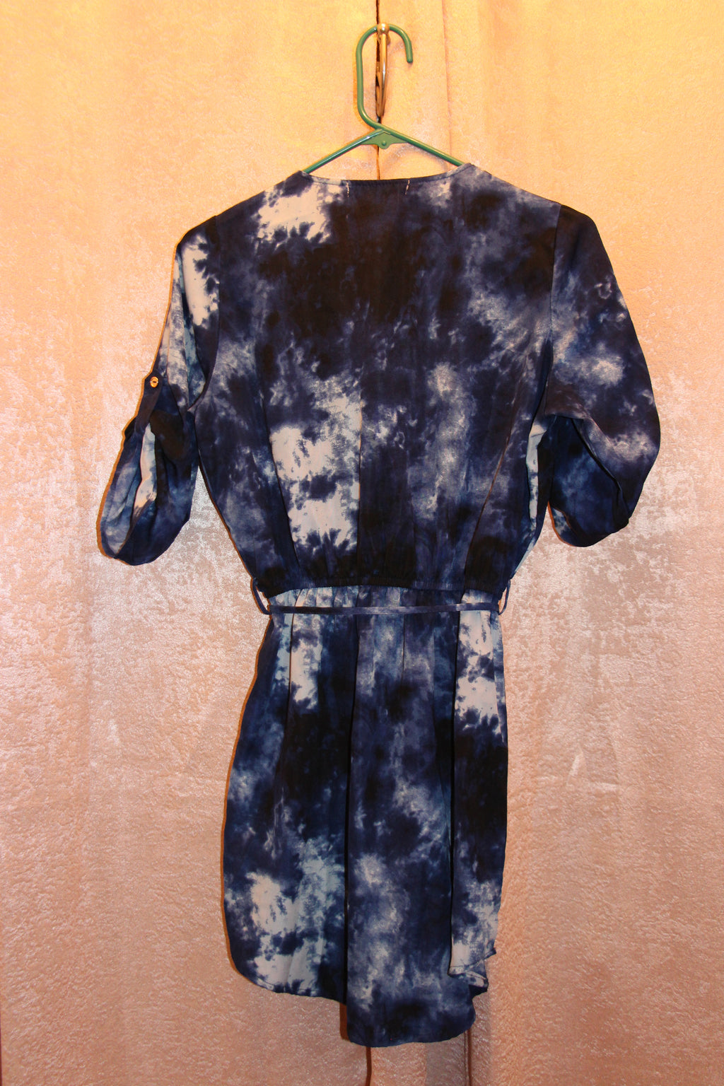 Consignment boutique Size S Streetwear Society Zipper Collar Blue and Black Tie Dye 3/4 Sleeve Tie Waist Mini Dress