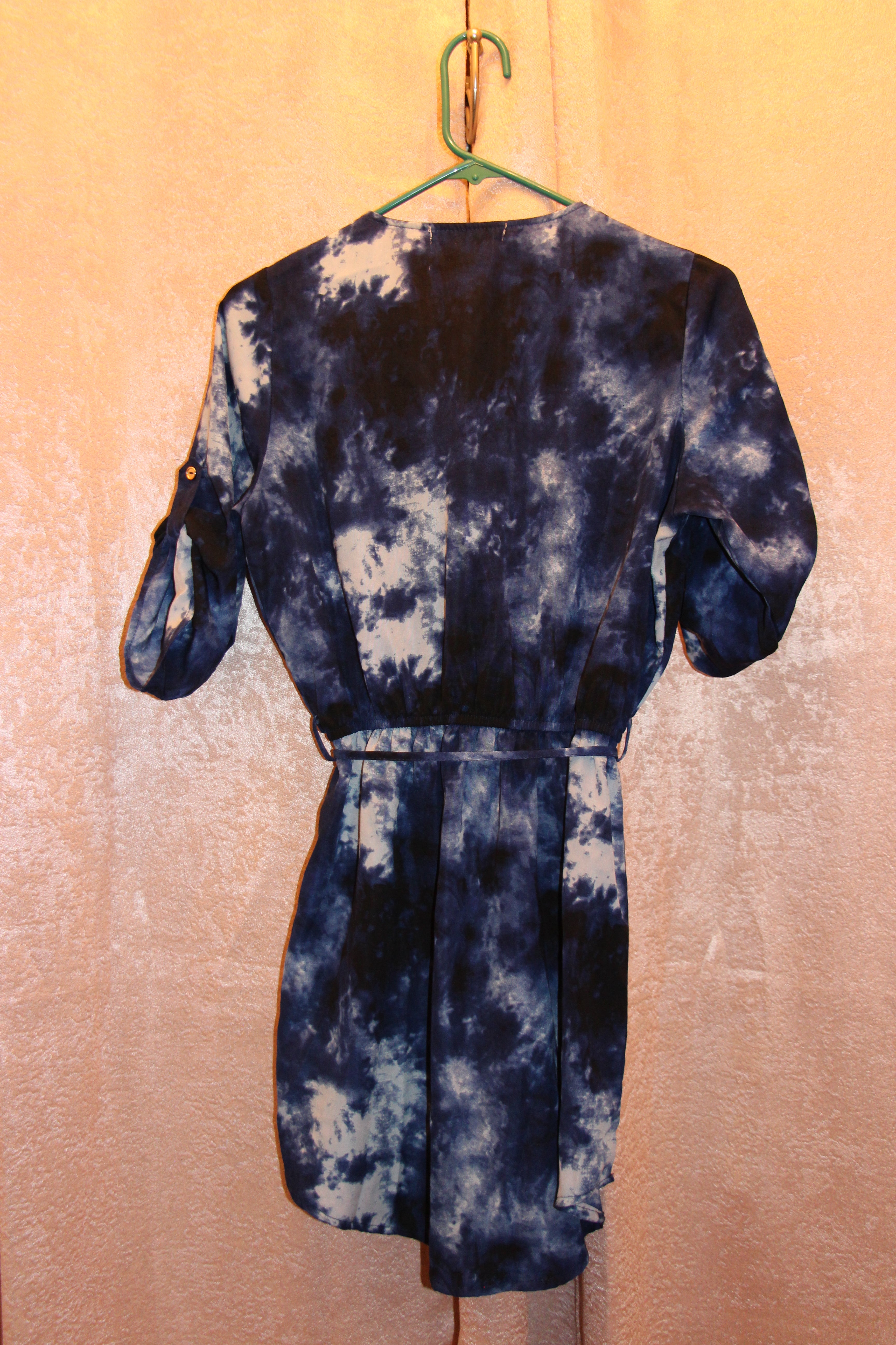 Consignment boutique Size S Streetwear Society Zipper Collar Blue and Black Tie Dye 3/4 Sleeve Tie Waist Mini Dress