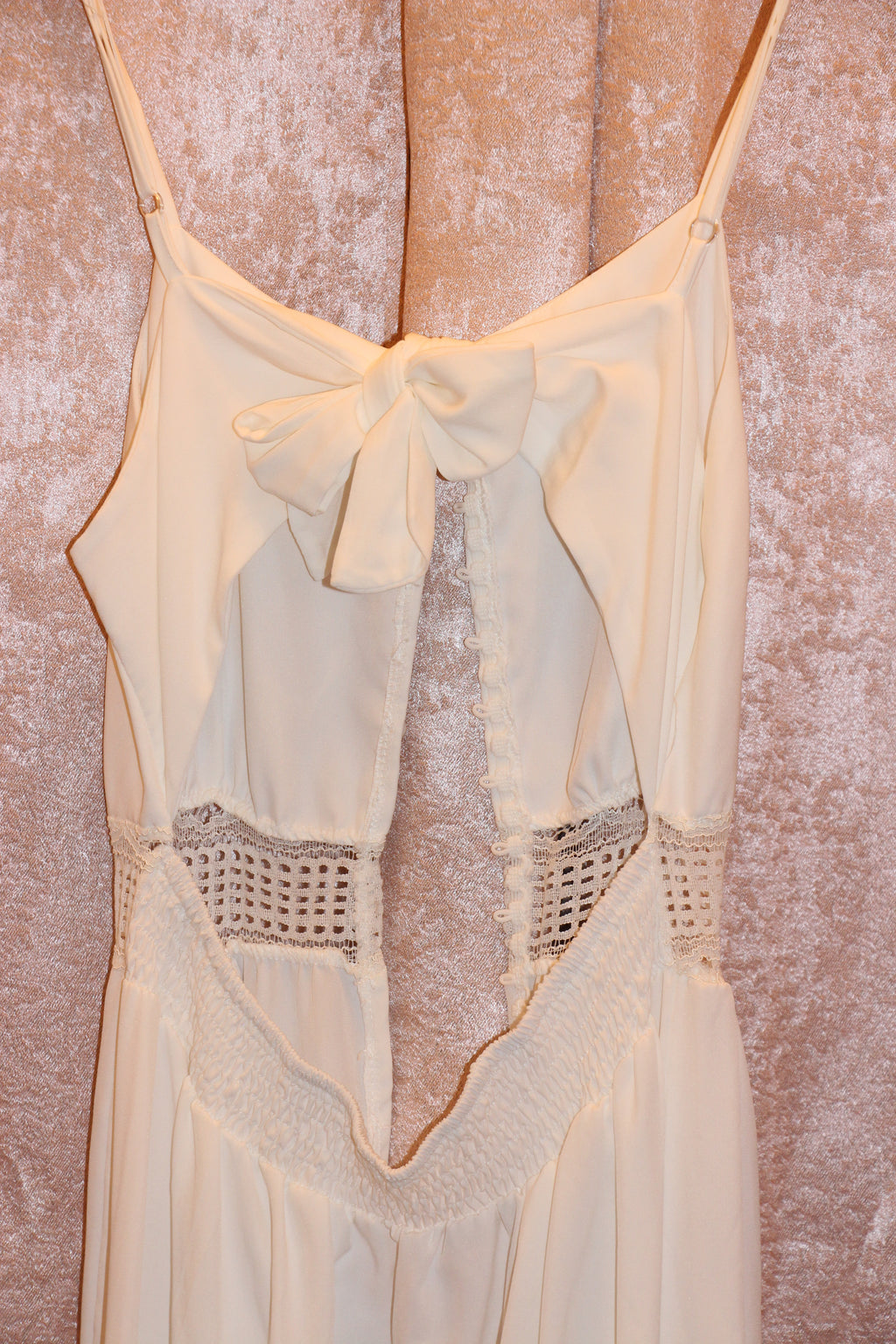 A Consignment boutique dress, Size L White Halter Dress with Button Front Lace Panels and Gathered Hem