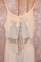 A Consignment boutique dress, Size L White Halter Dress with Button Front Lace Panels and Gathered Hem