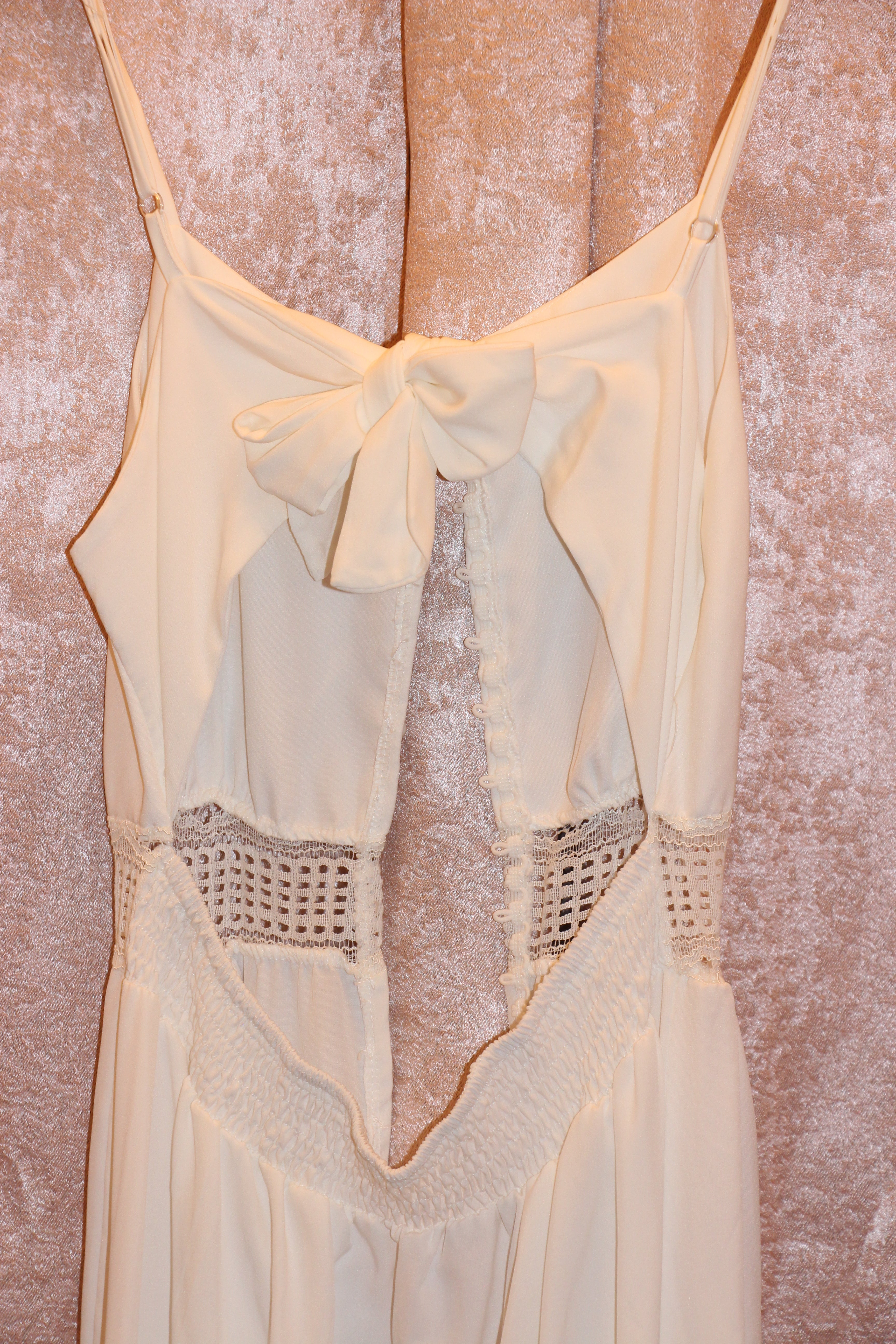 A Consignment boutique dress, Size L White Halter Dress with Button Front Lace Panels and Gathered Hem