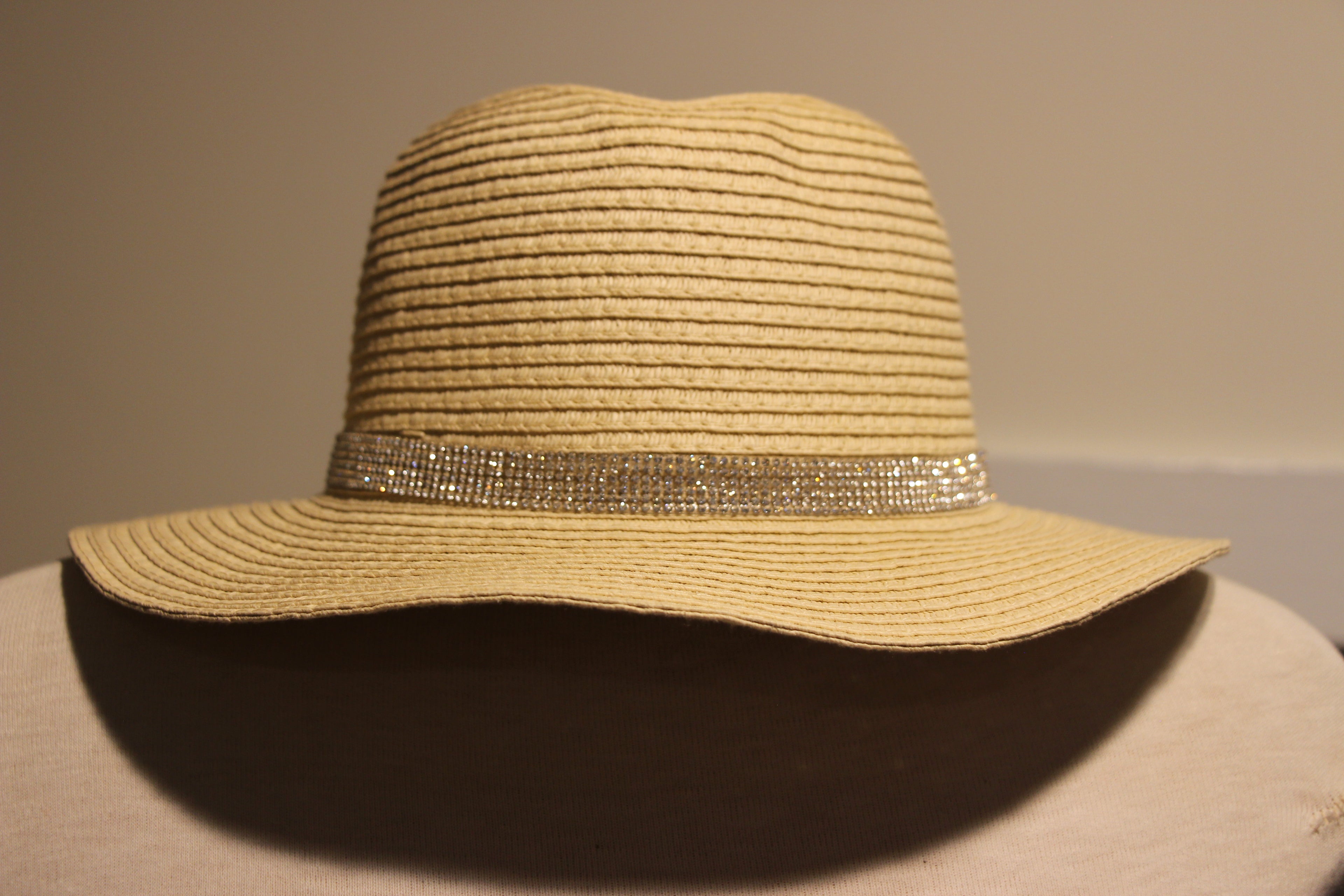 Ardene Beige Straw Hat with White Rhinestone Band Consignment