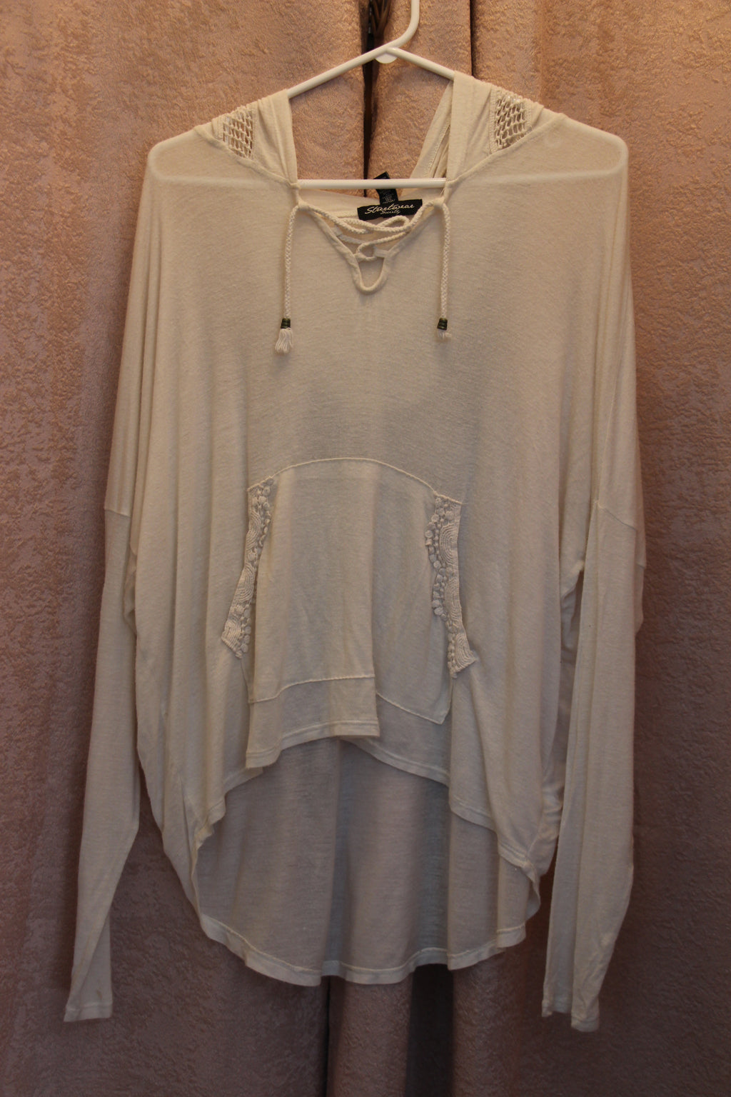 Size L Streetwear Society Off White Knit Detailed Long Sleeve Sheer Laced Collar Hoodie