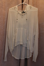 Size L Streetwear Society Off White Knit Detailed Long Sleeve Sheer Laced Collar Hoodie