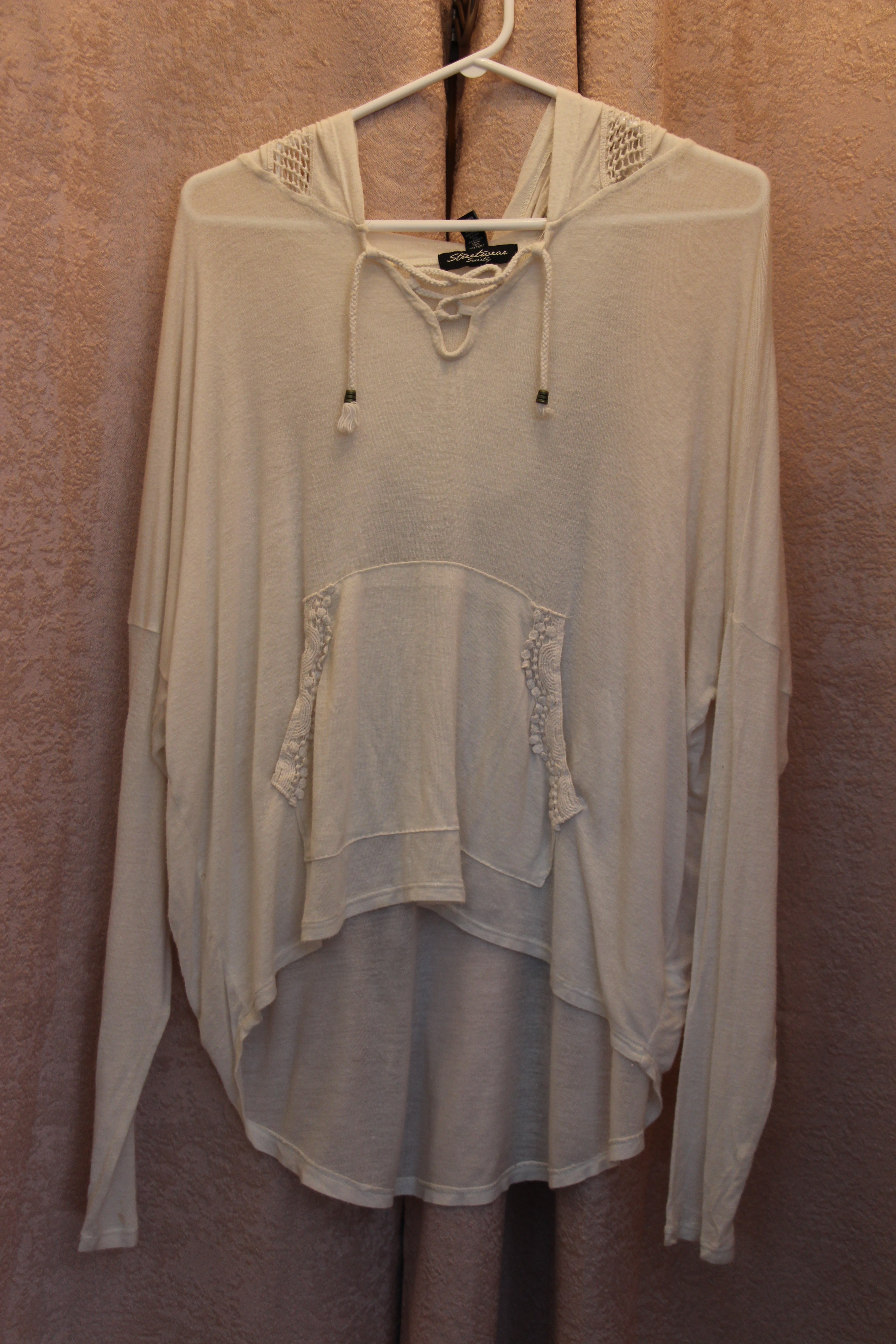 Size L Streetwear Society Off White Knit Detailed Long Sleeve Sheer Laced Collar Hoodie