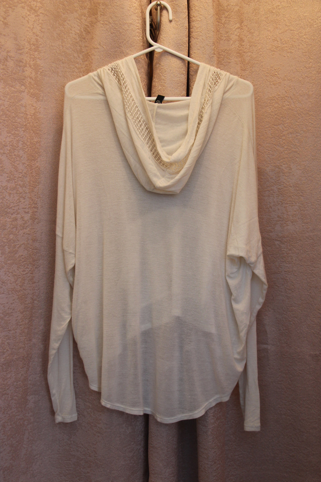 Size L Streetwear Society Off White Knit Detailed Long Sleeve Sheer Laced Collar Hoodie