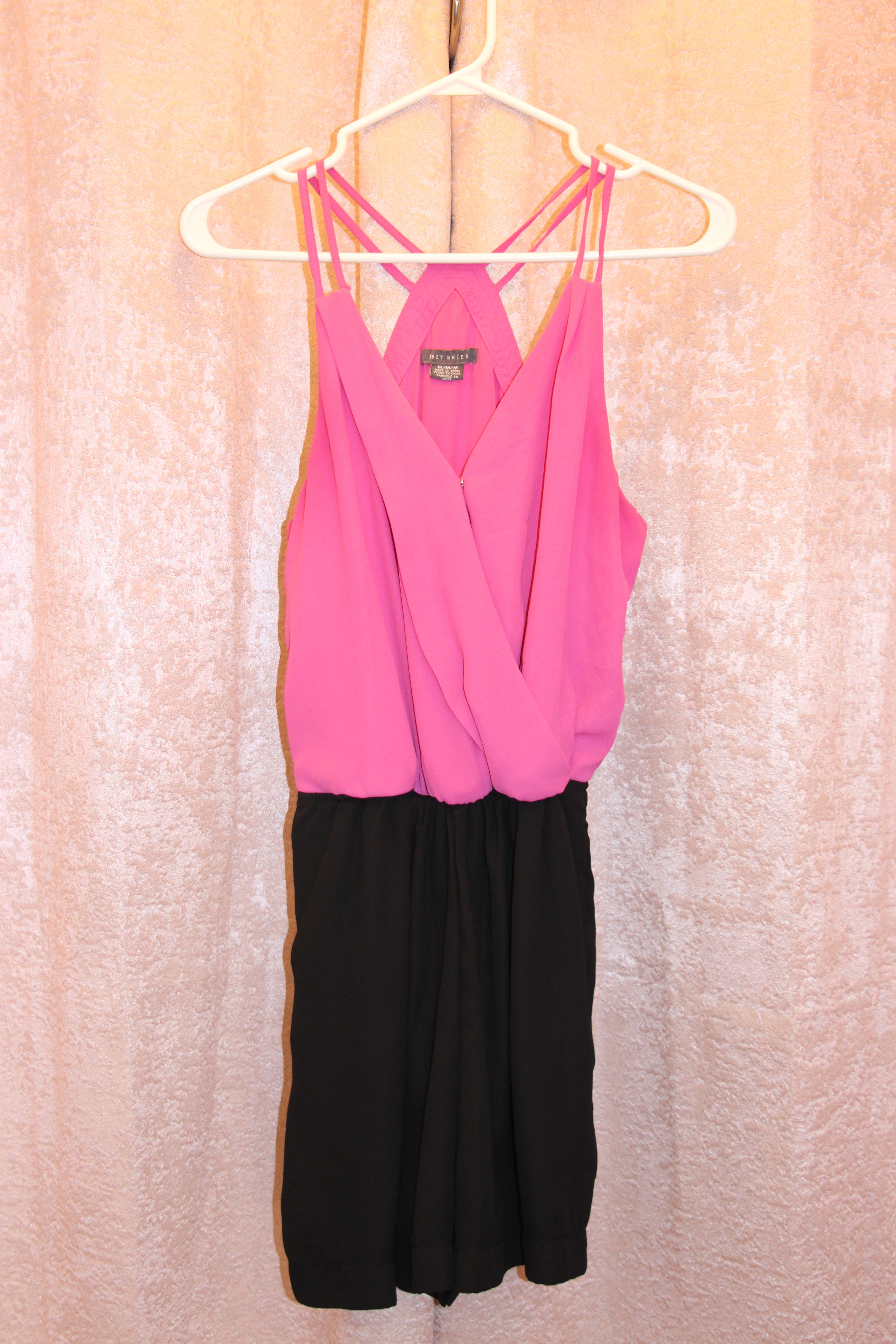 Size M Suzy Shier Pink and Black Spaghetti Strap Romper Consignment
