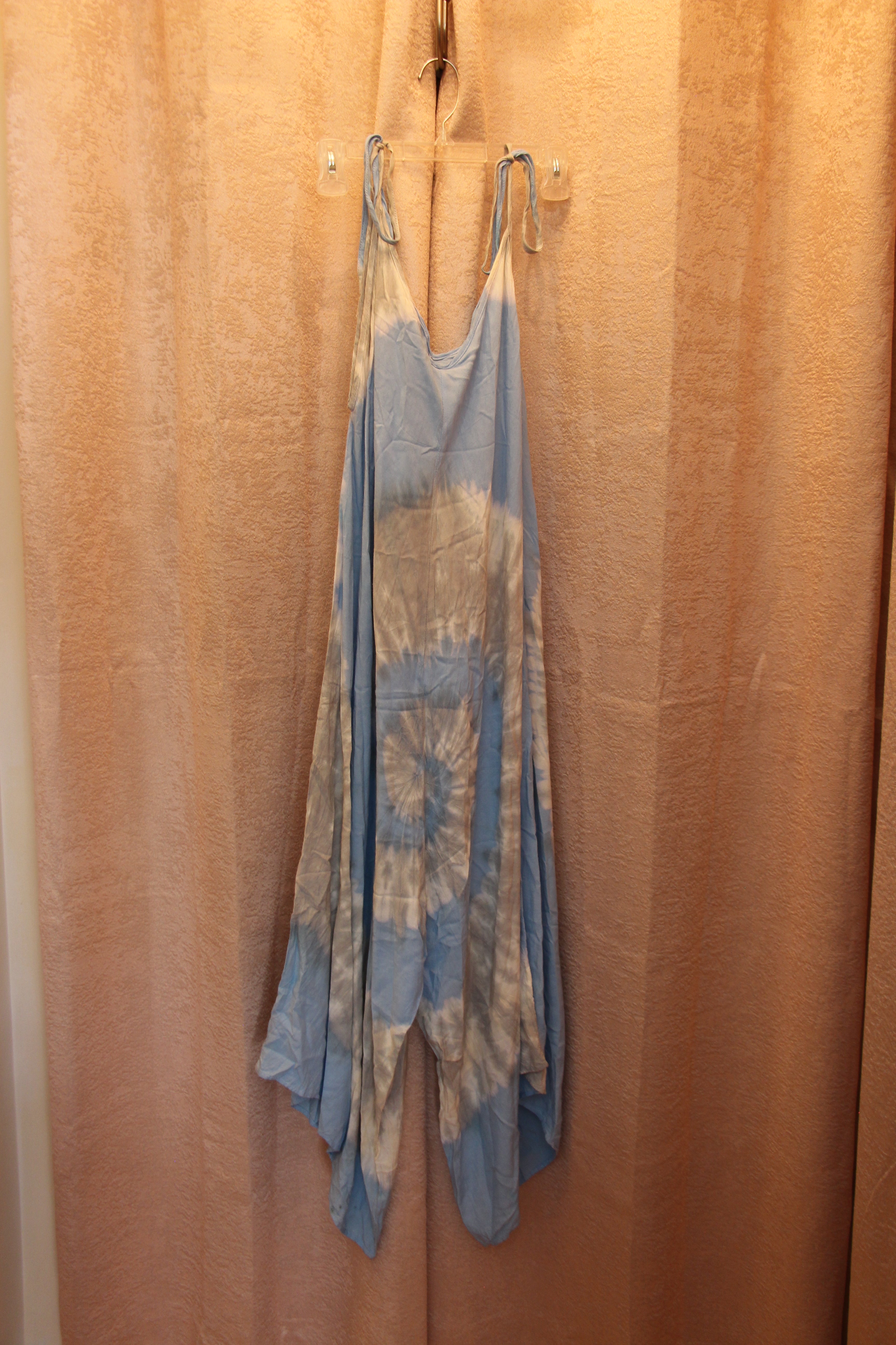 Light Blue and White Tie Dye Spaghetti Strap Sleeveless Boho Romper