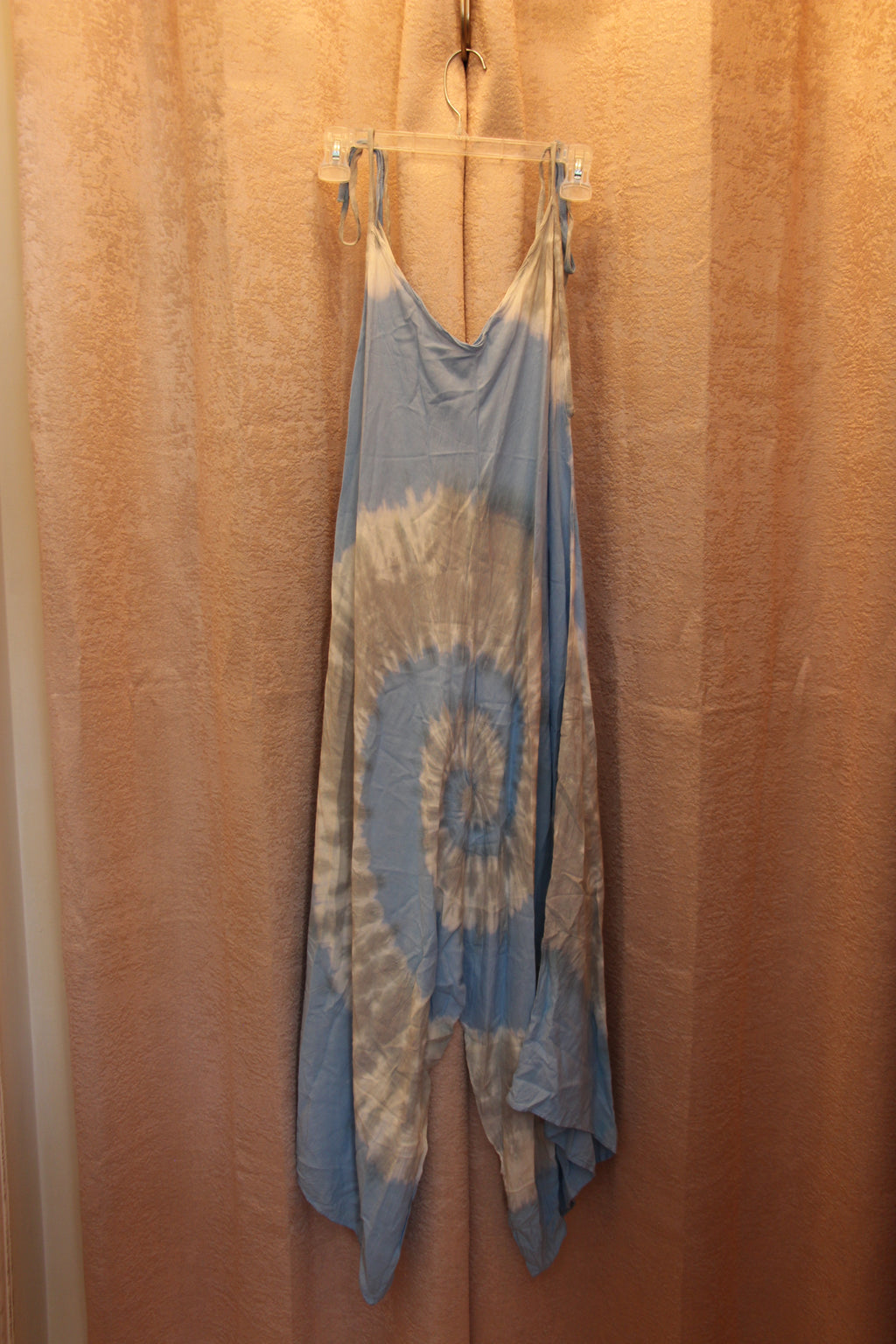 Light Blue and White Tie Dye Spaghetti Strap Sleeveless Boho Romper 