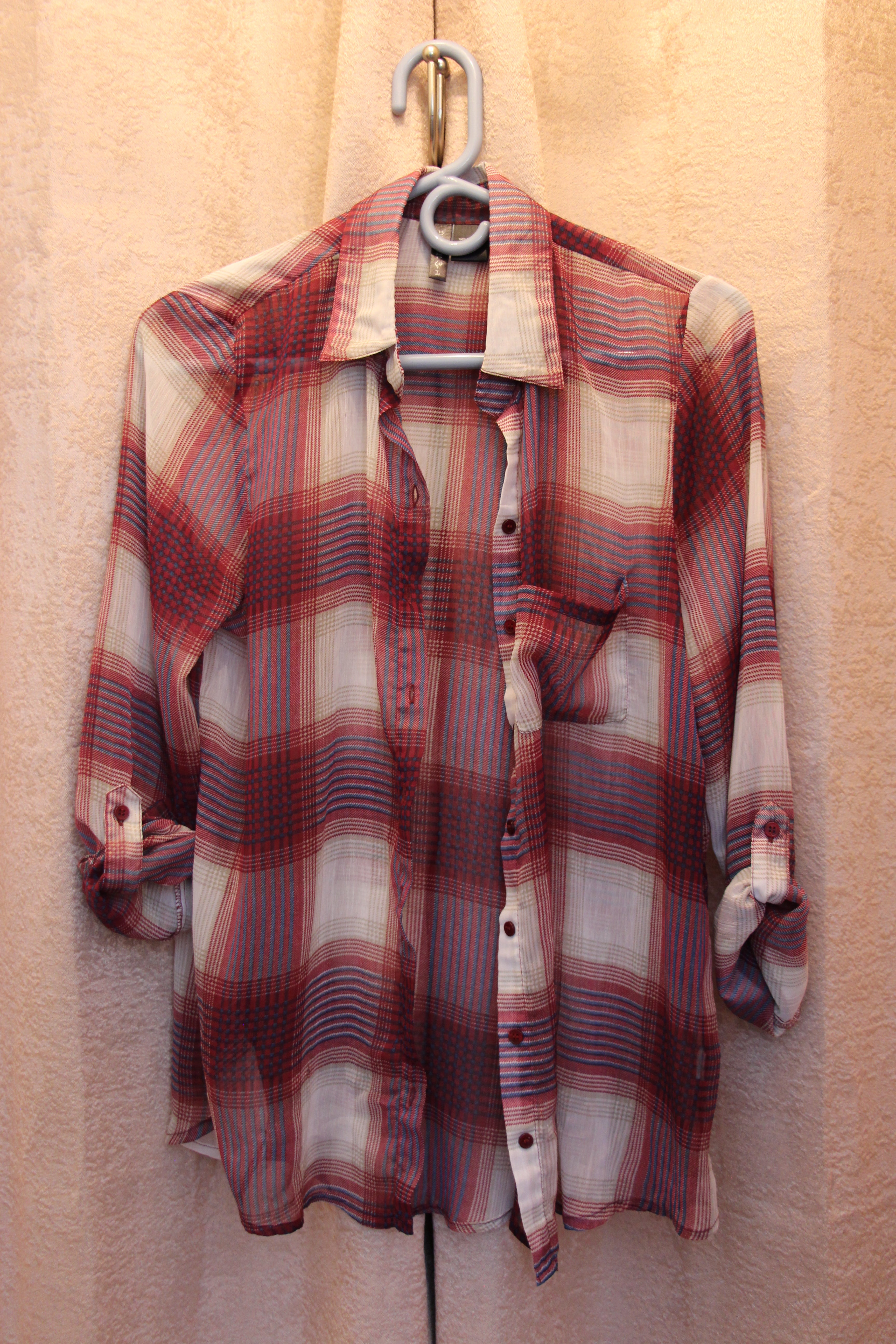 Size L Full Tilt Plaid Sheer Long Sleeve Button Strap Cuffs Top Consignment