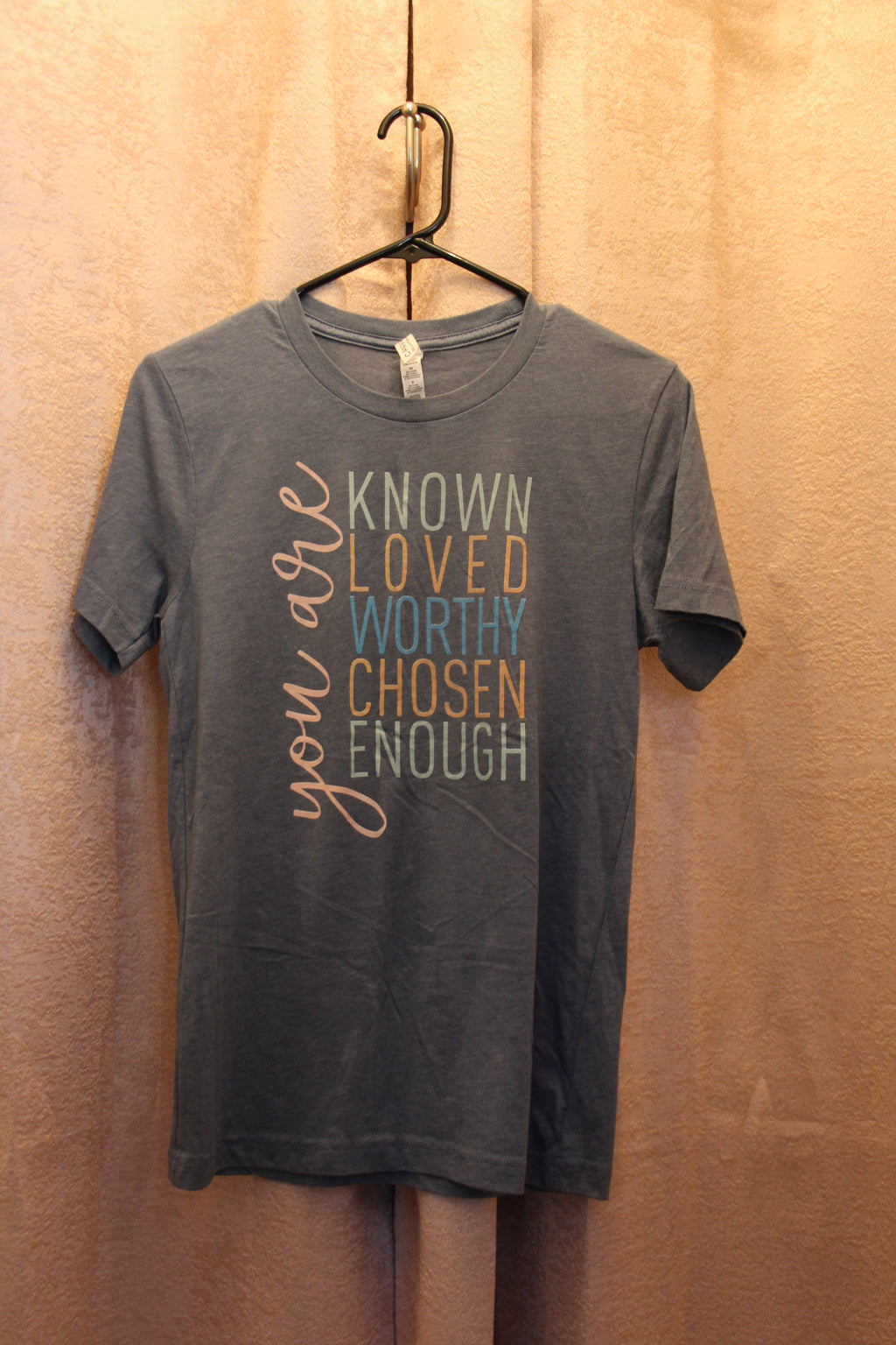 Size S Novelty Lt Blue T-Shirt " You Are Known Loved Worthy Chosen Enough" Vardo Vintage and Valuables Consign