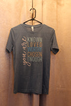 Size S Novelty Lt Blue T-Shirt " You Are Known Loved Worthy Chosen Enough" Vardo Vintage and Valuables Consign