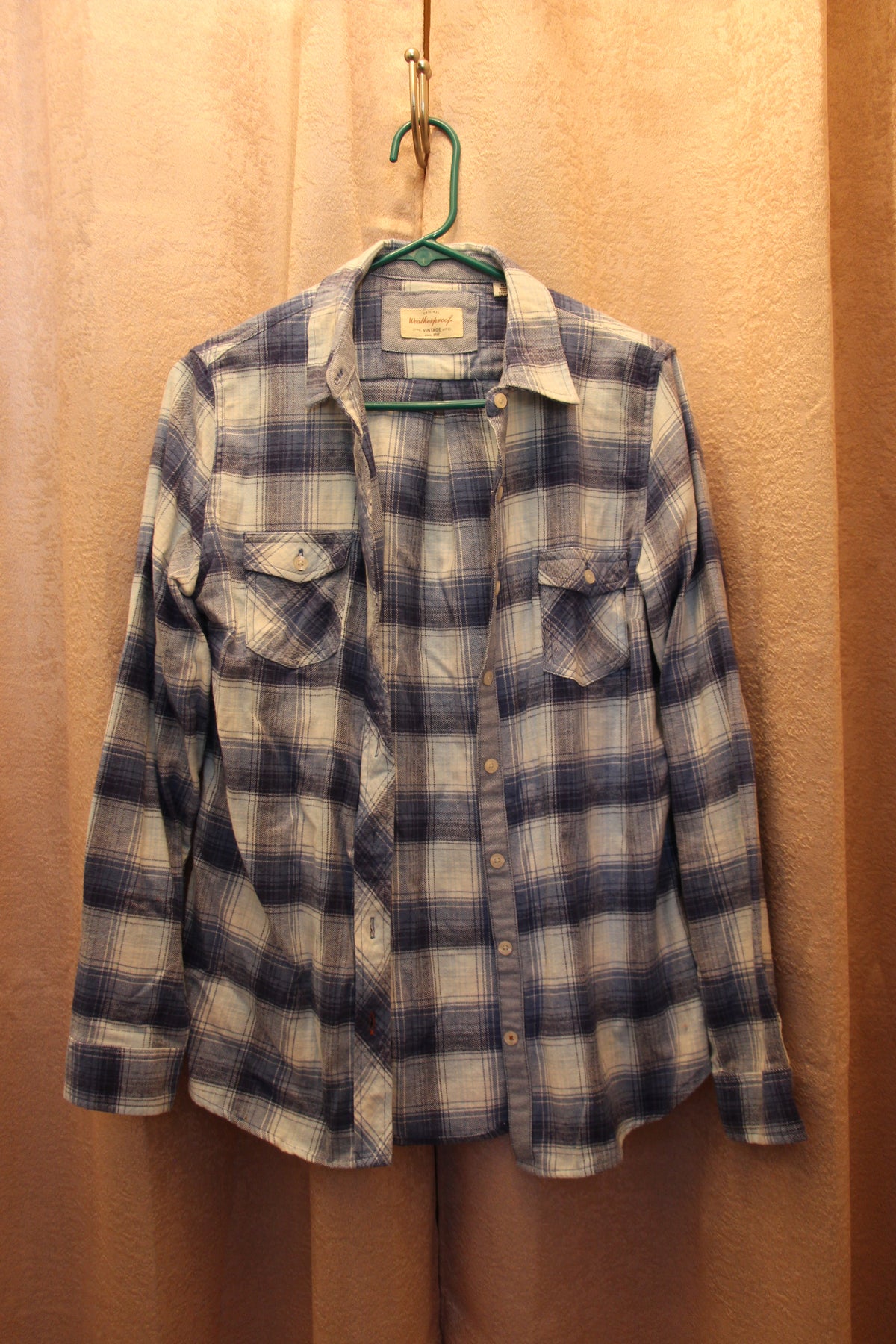 Original Weatherproof Vintage Blue and White Plaid Button Up Long Sleeve Shirt (Women's Small) on consignment