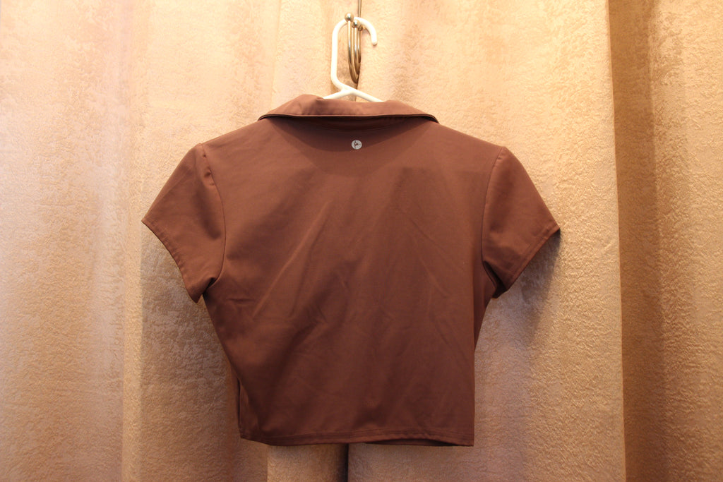 Size S 90 Degrees by Reflex Collared Dark Mauve Short Sleeve Crop Top