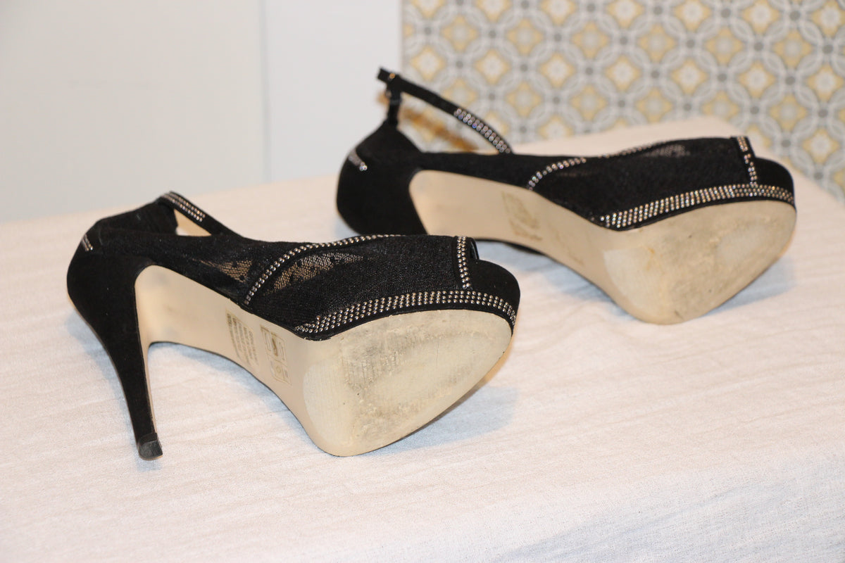 Size 8 JustFab Studded Black Sheer 6 inch Pumps