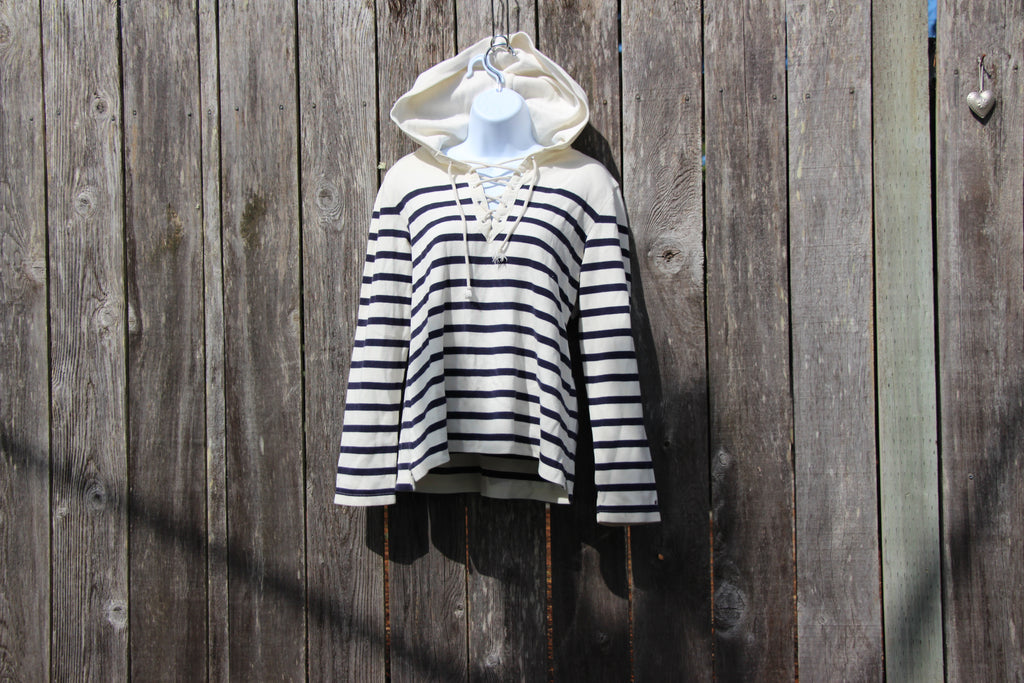 Size L Nautical Style Blue Striped White Hoodie Vardo Vintage and Valuables Consignment 