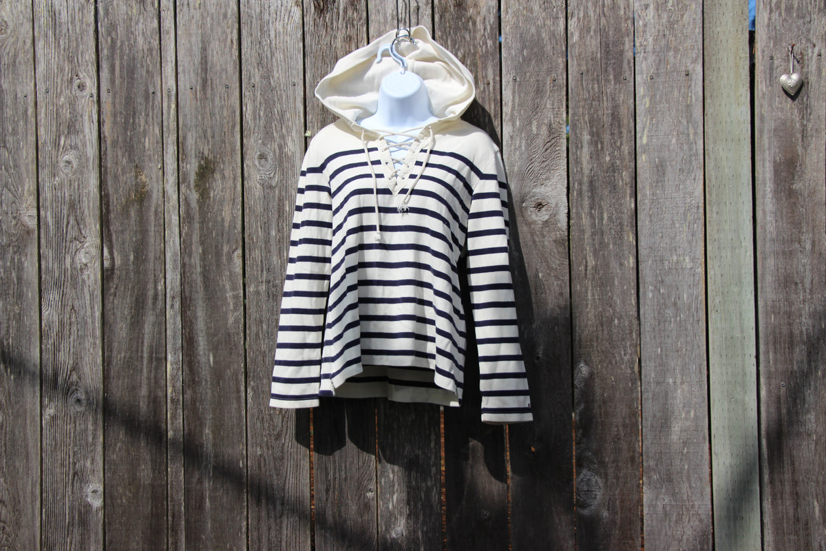 Size L Nautical Style Blue Striped White Hoodie Vardo Vintage and Valuables Consignment 